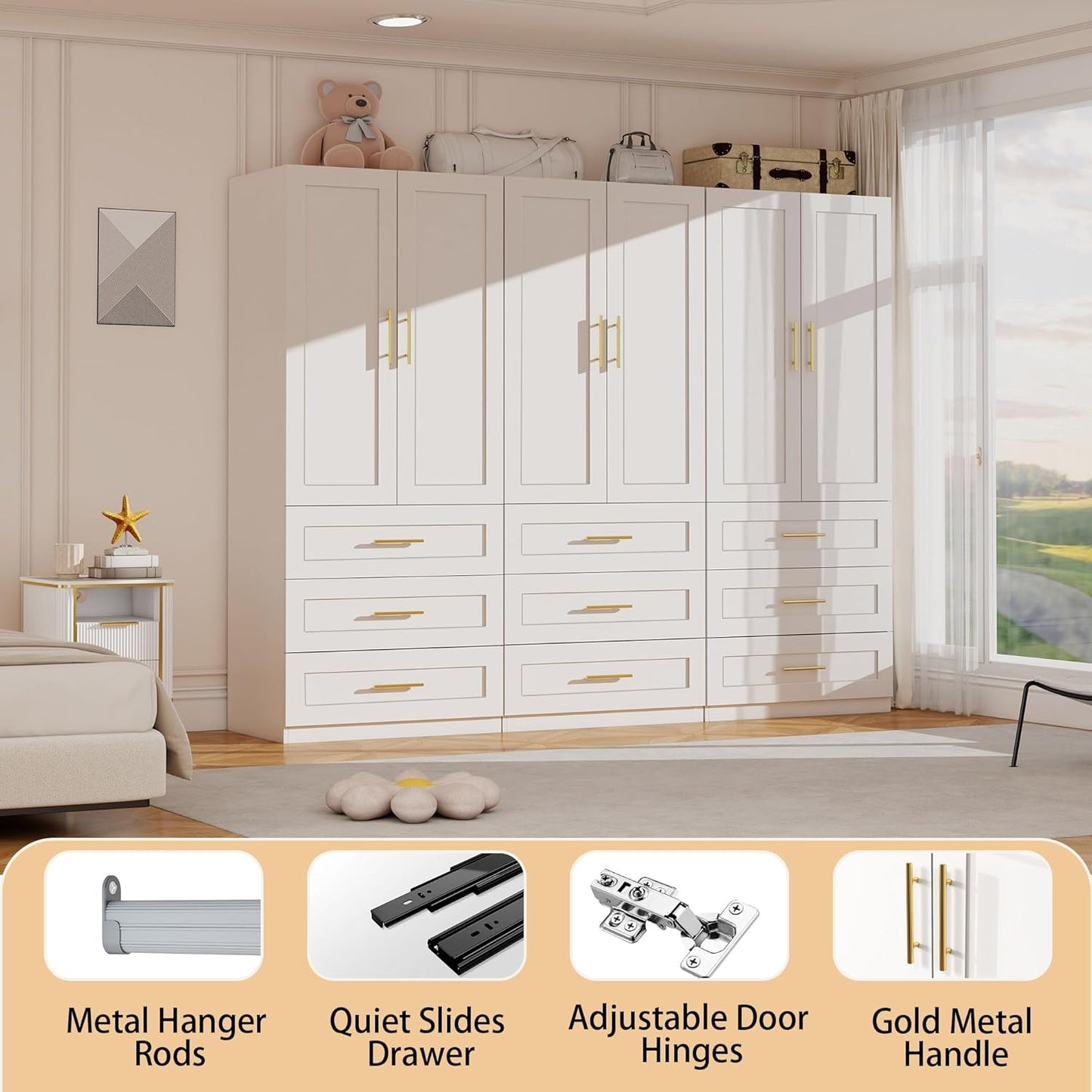White Wardrobe with 6 Doors: 75" Tall Armoire Wardrobe Closet with 9 Drawers, Bedroom Closet Cabinet for Hanging Clothes, Wooden Storage Armoire with Shelves (Modern, 3)