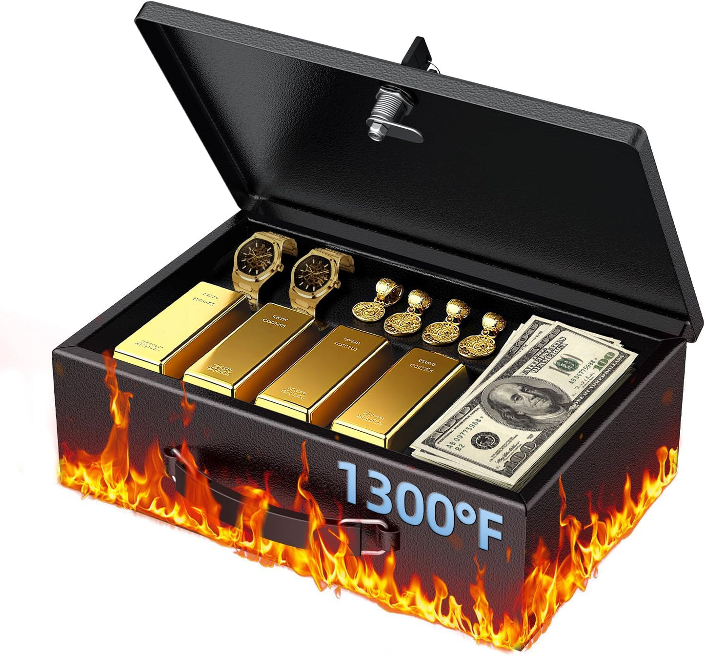 Uniclife Fireproof Document Box with Key Lock & Handle, 12.7" x 8.5" x 4.1" (NOT Fit A4 Paper), Medium Lock Box, Water-Resistant Safe Box for Valuables, Passports & Cash, Portable Security Metal Chest