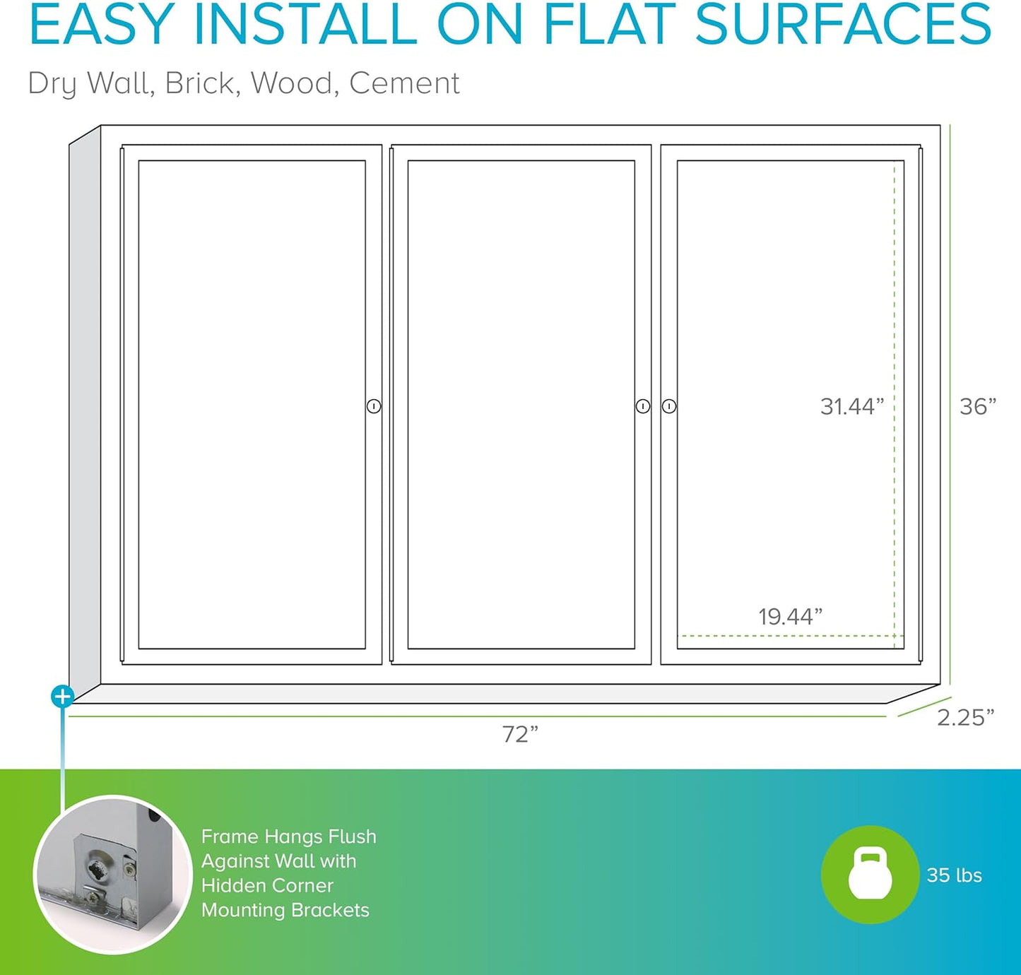 Ghent 36"x72" 3-Door Outdoor Enclosed Vinyl Bulletin Board, Shatter Resistant, with Lock, Satin Aluminum Frame - Ebony (PA33672VX-183), Made in the USA