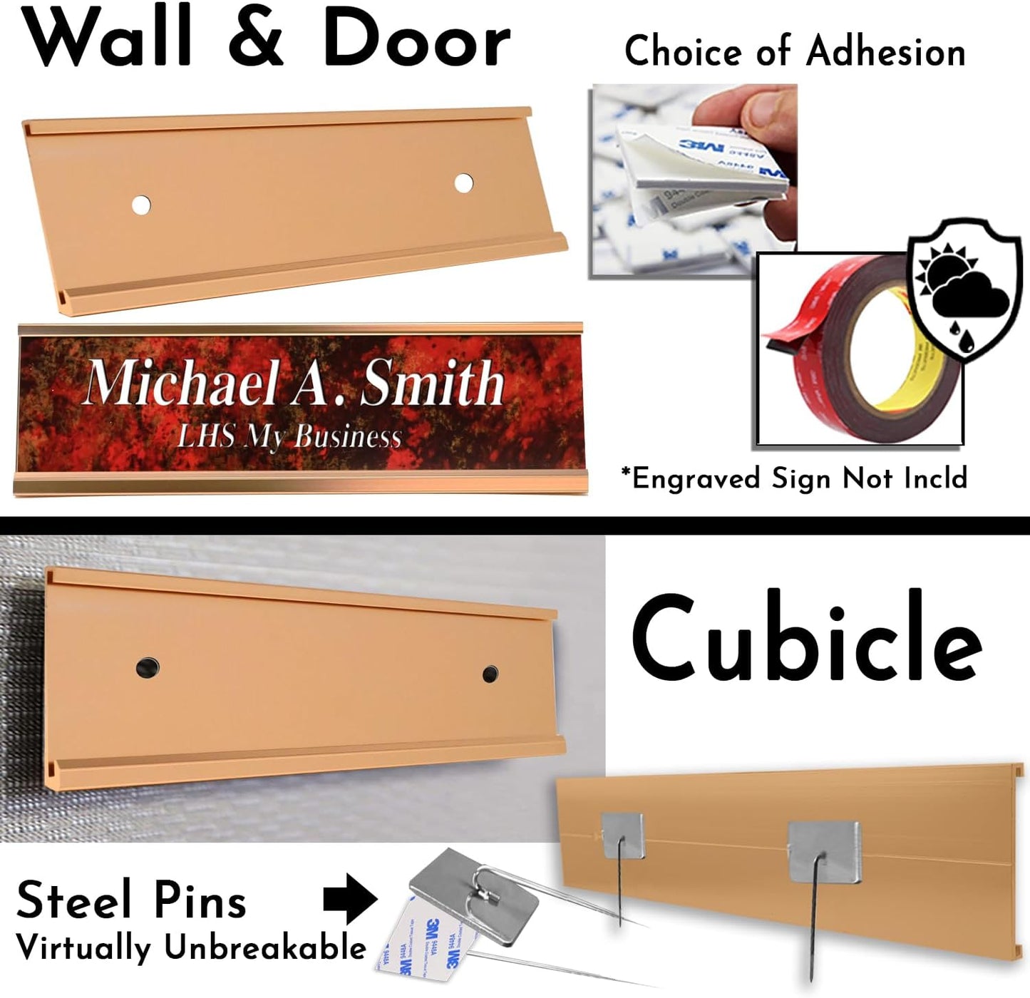 Executive Wall Nameplate Sign Holder Rose Gold Aluminum Fits 2x12 Plastic Office Door Name Plate or Cubicle Option| Made in USA