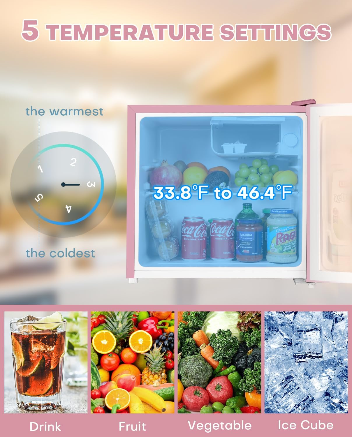 Upstreman 1.7 Cu.ft Mini Fridge with Freezer, Dorm Essentials, Adjustable Thermostat, Energy Saving, Low Noise, Single Door Compact Refrigerator for Dorm, Office, Bedroom, Pink-FR17