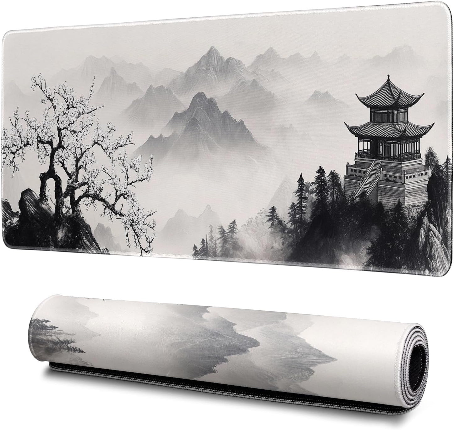 Pagoda Mouse Pad Abstract Cherry Blossom Watercolor Mouse Pad 31.5x11.8 Inch Texture Non-Slip Rubber Base Large Mousepad Stitched Edges Keyboard Mouse Mat Desk Pad for Office