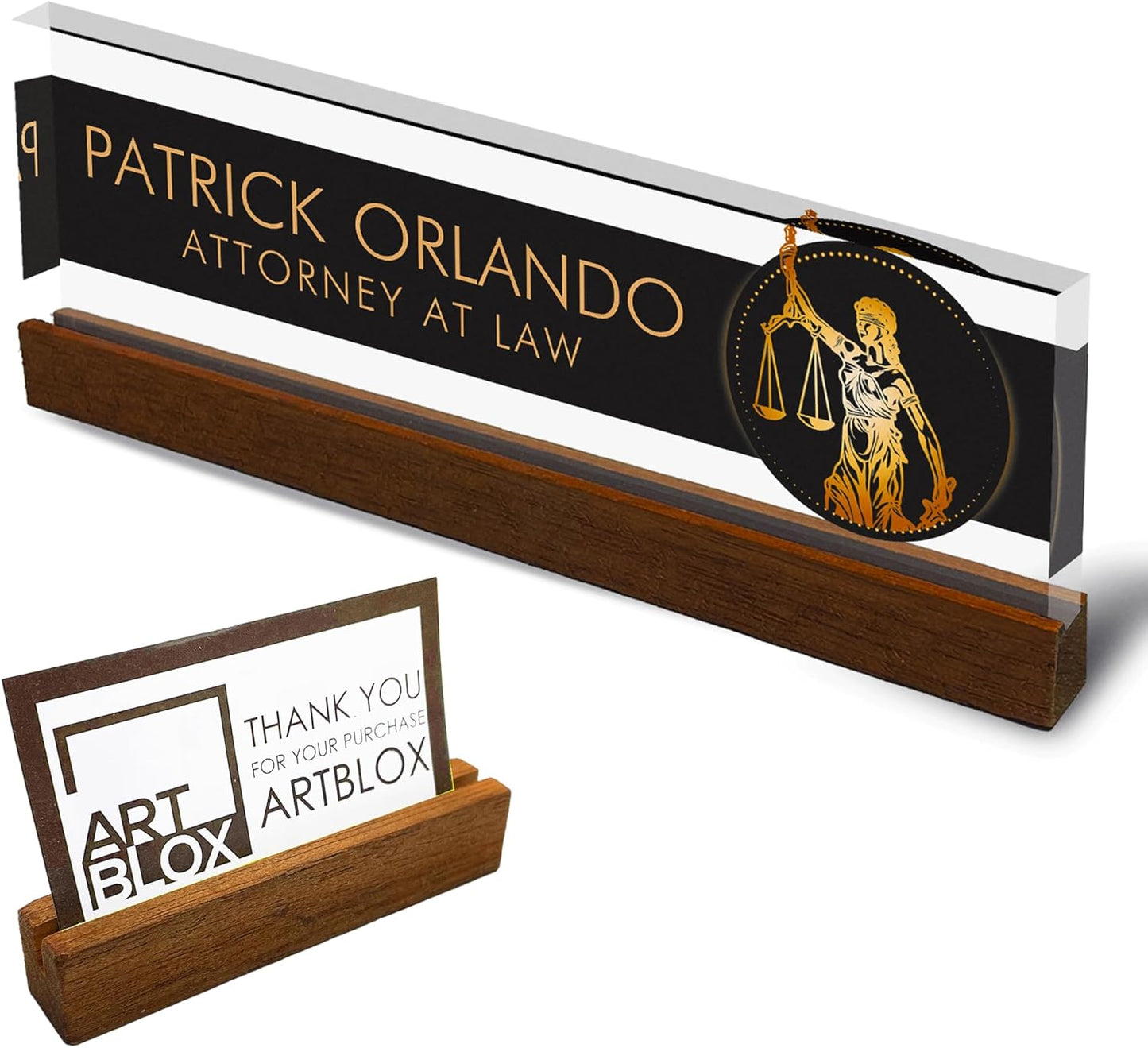 Artblox Personalized Office Desk Name Plate and Business Card Holder | Clear Acrylic Glass with Teak Wood Stand | Lawyer Design Customized with Your Name and Credentials Office Desk Decor