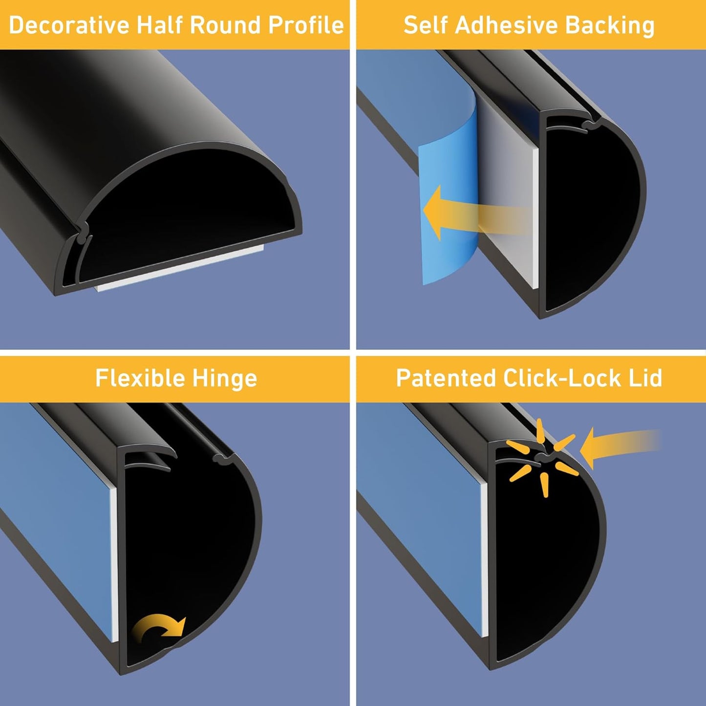 D-Line 13.12ft Cord Hider Kit, Patented Cable Cover, Hide Wires on Wall, Channel for TV Mount Cords, Raceway Wire Hiders, Paintable, Adhesive, Half Round, 4X 1.18in W x 0.59in H x 39in Lengths, Black