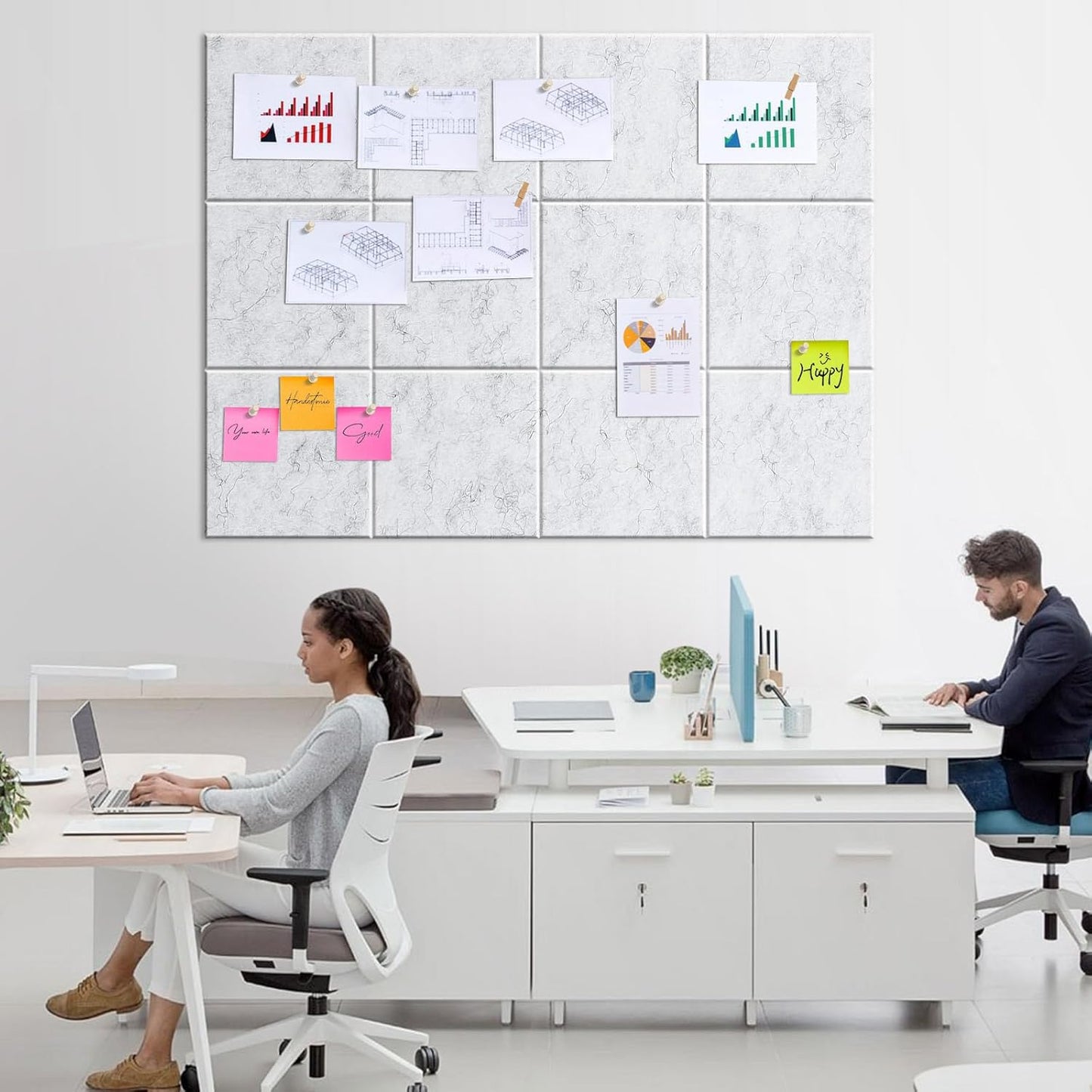 Large Cork Board for Walls 48" x 36" - 12 Pack Felt Wall Tiles with Safe Removable Adhesive Tabs - Bulletin Board for Office Classroom Home Decor - Marble White