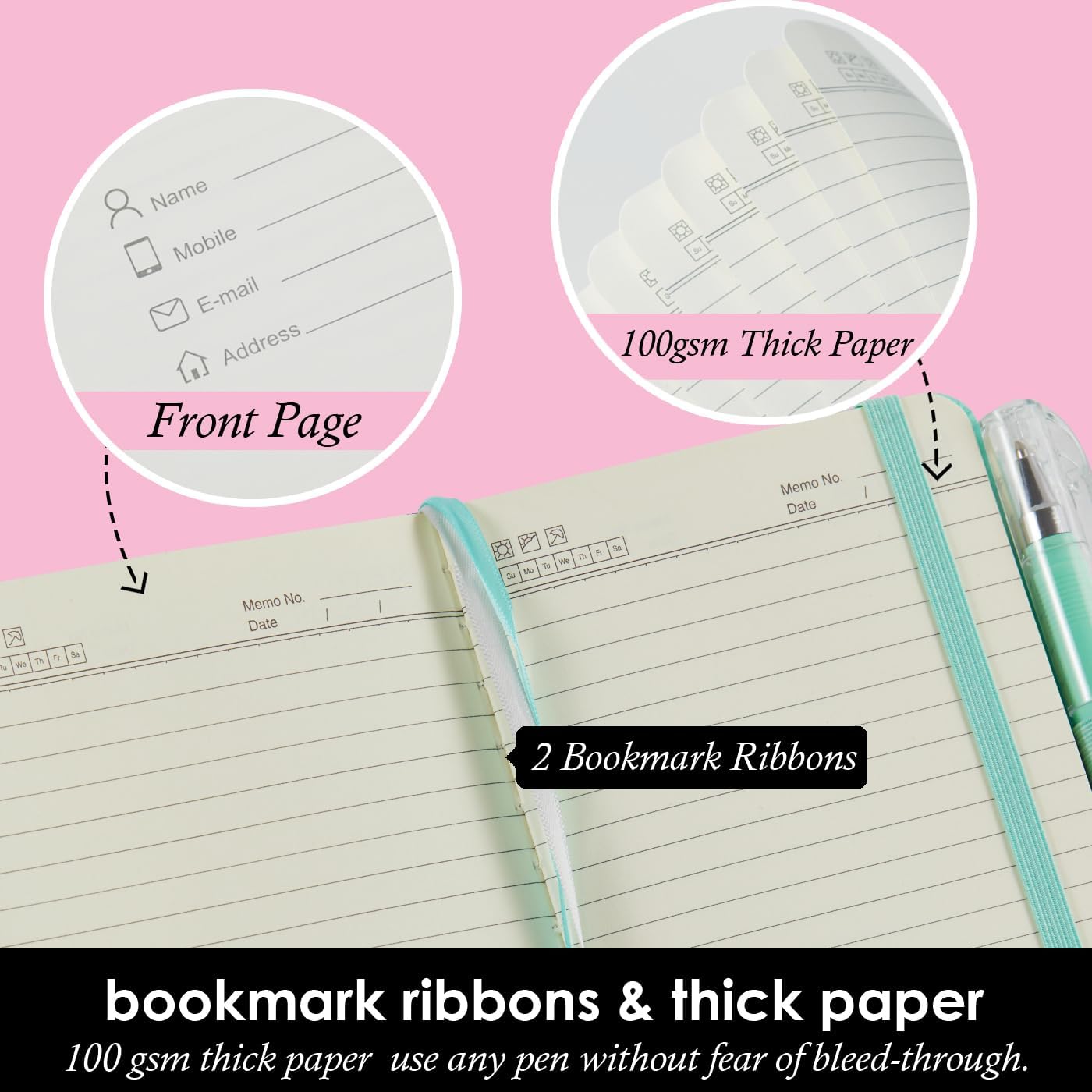 3 Pack Small Pocket Journal Notebook 3.7" x 5.7" with Pen, A6 Mini Cute Notepad for Women/Men, 408 Pages, 100Gsm Lined Paper Note Pads, Leather, Green