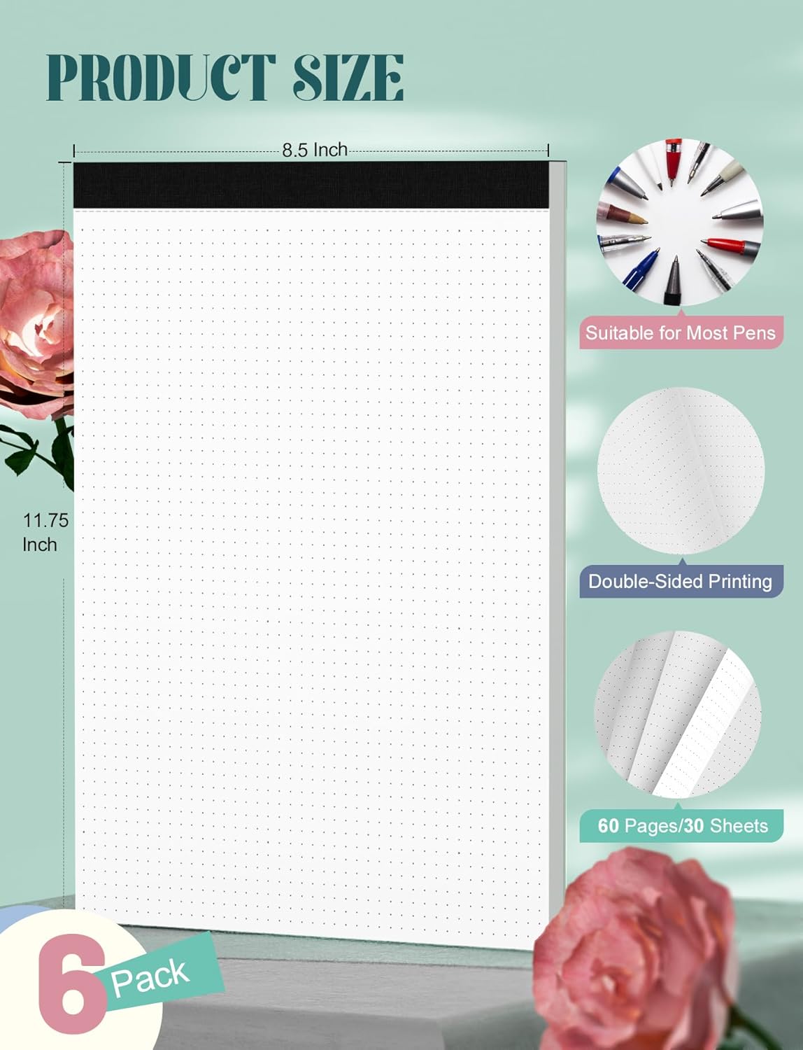 Dot Grid Pads 8.5" x 11", 6 Pack, Dotted Grid Journal Paper 8 1/2 x 11, Easy Tear-off Dotted Notebook, 5x5 Dotted Grid Notebook, 1/5" Dots Notepads 8.5 x 11, Dotted Journal Paper Pads, 30 Sheets/Pad