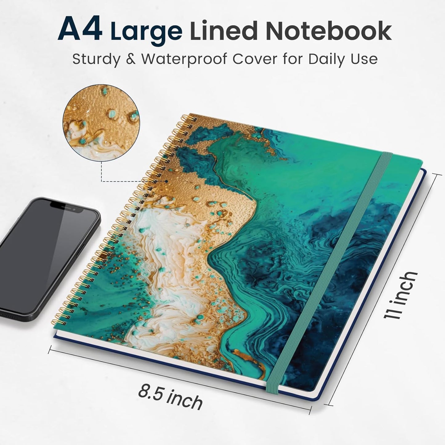 Taja Spiral Lined Notebook, 8.5"x11" Notebooks for Work, Large A4 Journal for Women & Men, College Ruled Journaling Notebook for Writing, Plastic Cover Spiral Journal, Emerald Shores