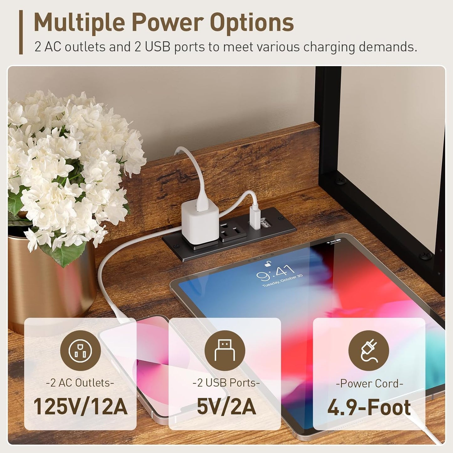 File Cabinet with Charging Station, Vertical Filing Cabinet with Shelves, File Cabinet for Home Office, Printer Stand with Storage Shelves & Barn Doors, Fits A4/Letter Files, Rustic