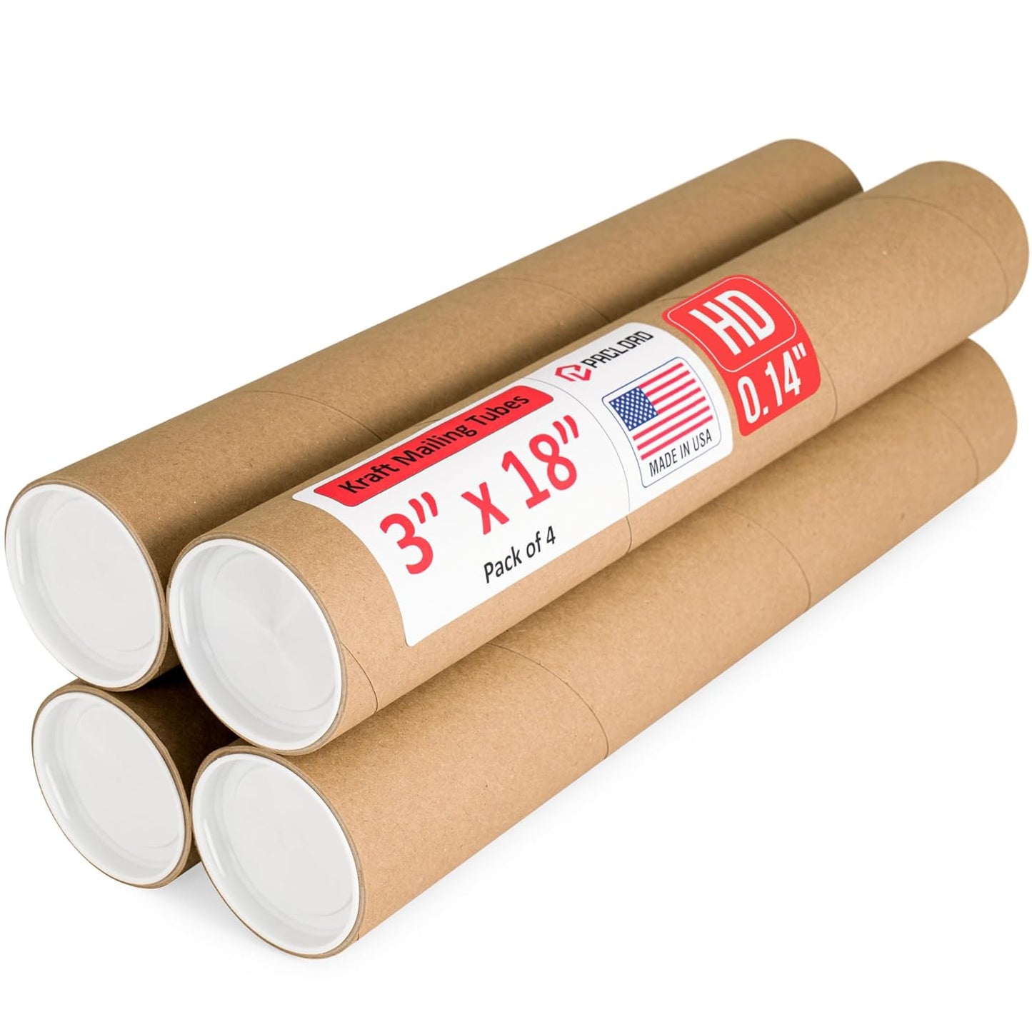 3" x 18" Heavy-Duty Reinforced Cardboard Mailing Tube, Pack of 4 Tubes with 8 Caps – Secure USPS Approved – Great for Shipping and Storing of Prints, Artwork, Posters or Documents