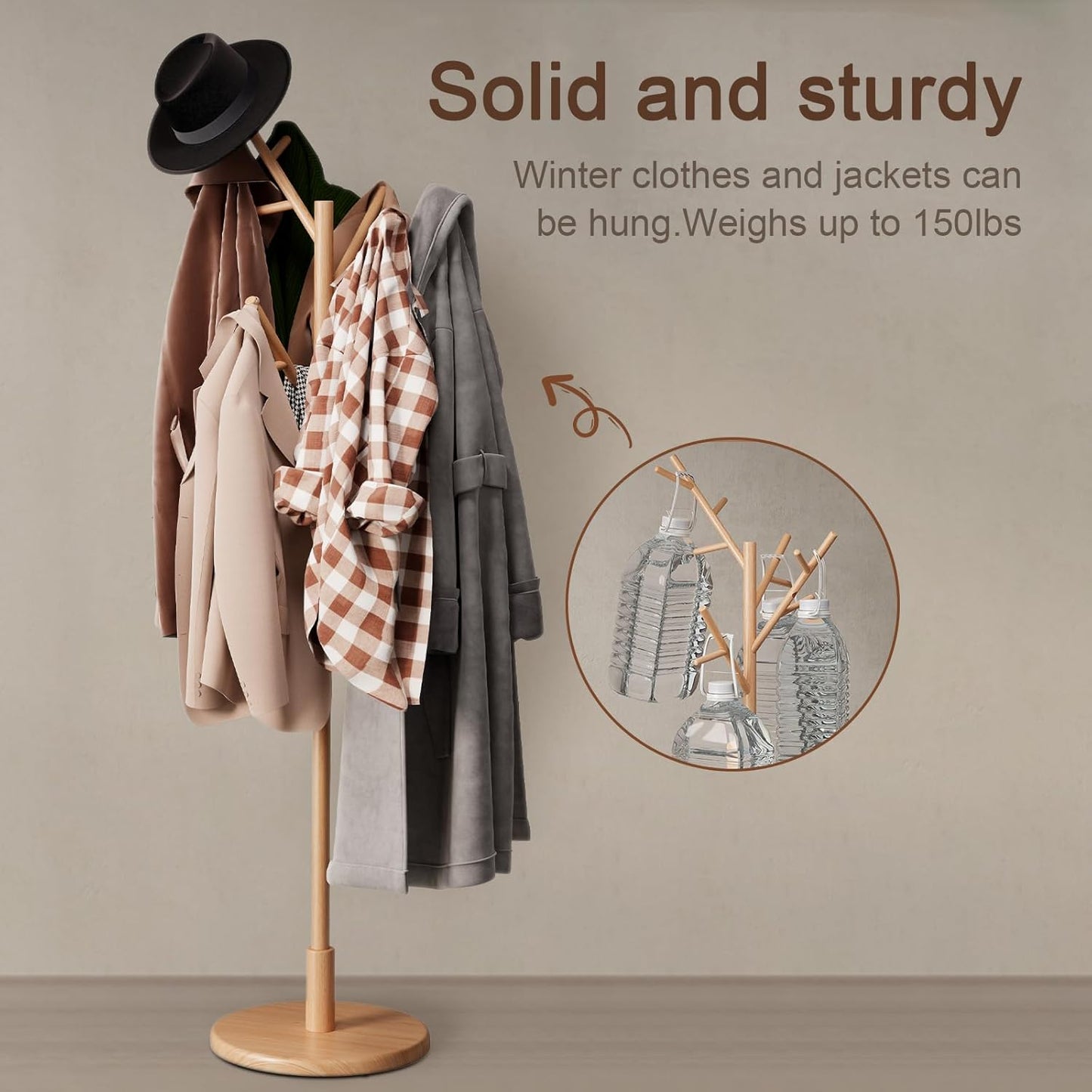 Coat Rack,Solid Wood Coat Rack Freestanding with 12 Hooks,Coat tree freestanding 3 Adjustable Heights for coat, Hats, Handbags，Coat Stand for Entryway,Bedroom (Natural)