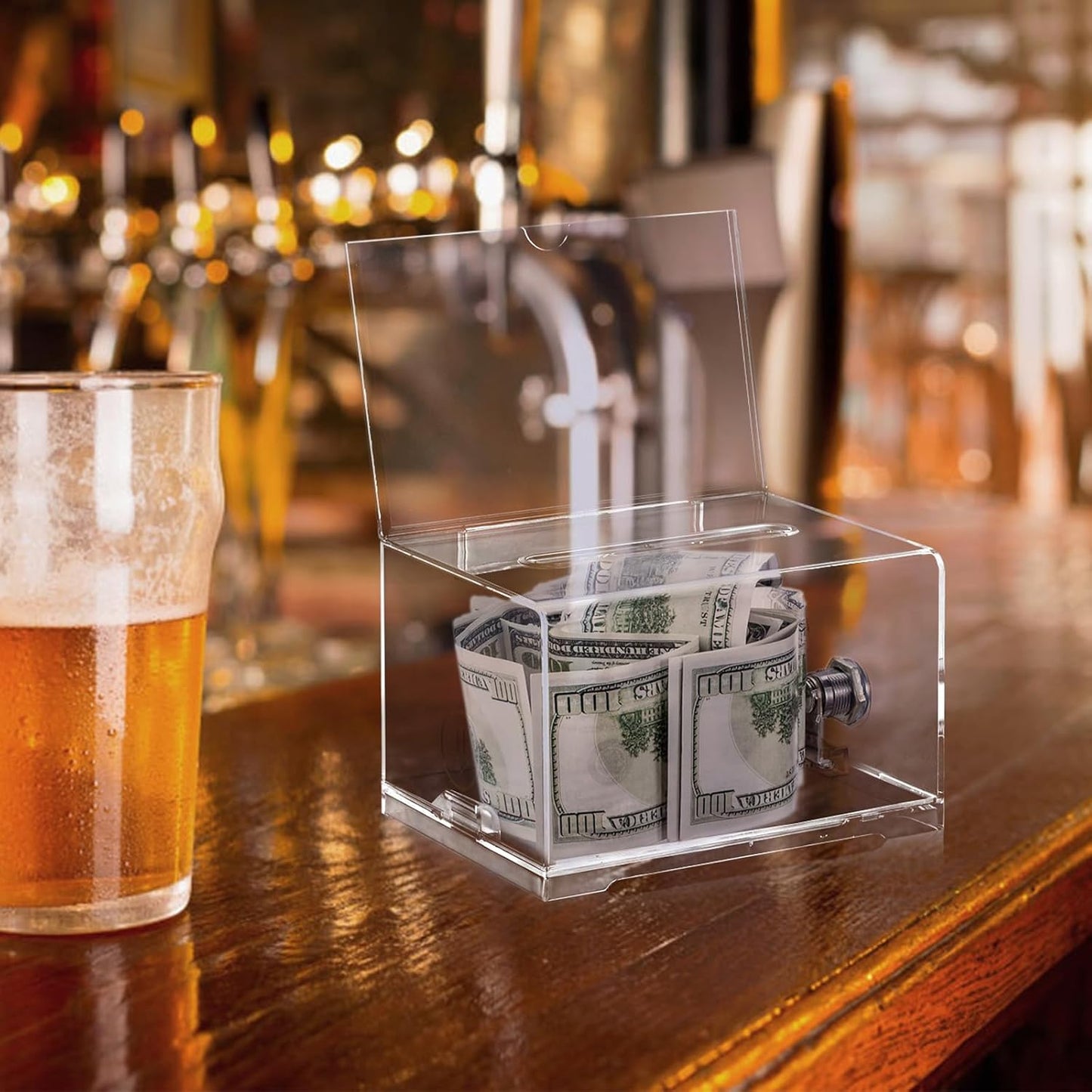 Polmart Clear Donation Box with Lock - Secure Ballot Box with Removable Sign Holder 2 Keys - for Money, Cards, Votes, Tickets, Feedback Collection (4.75"D x 6.29"W x 8"H)