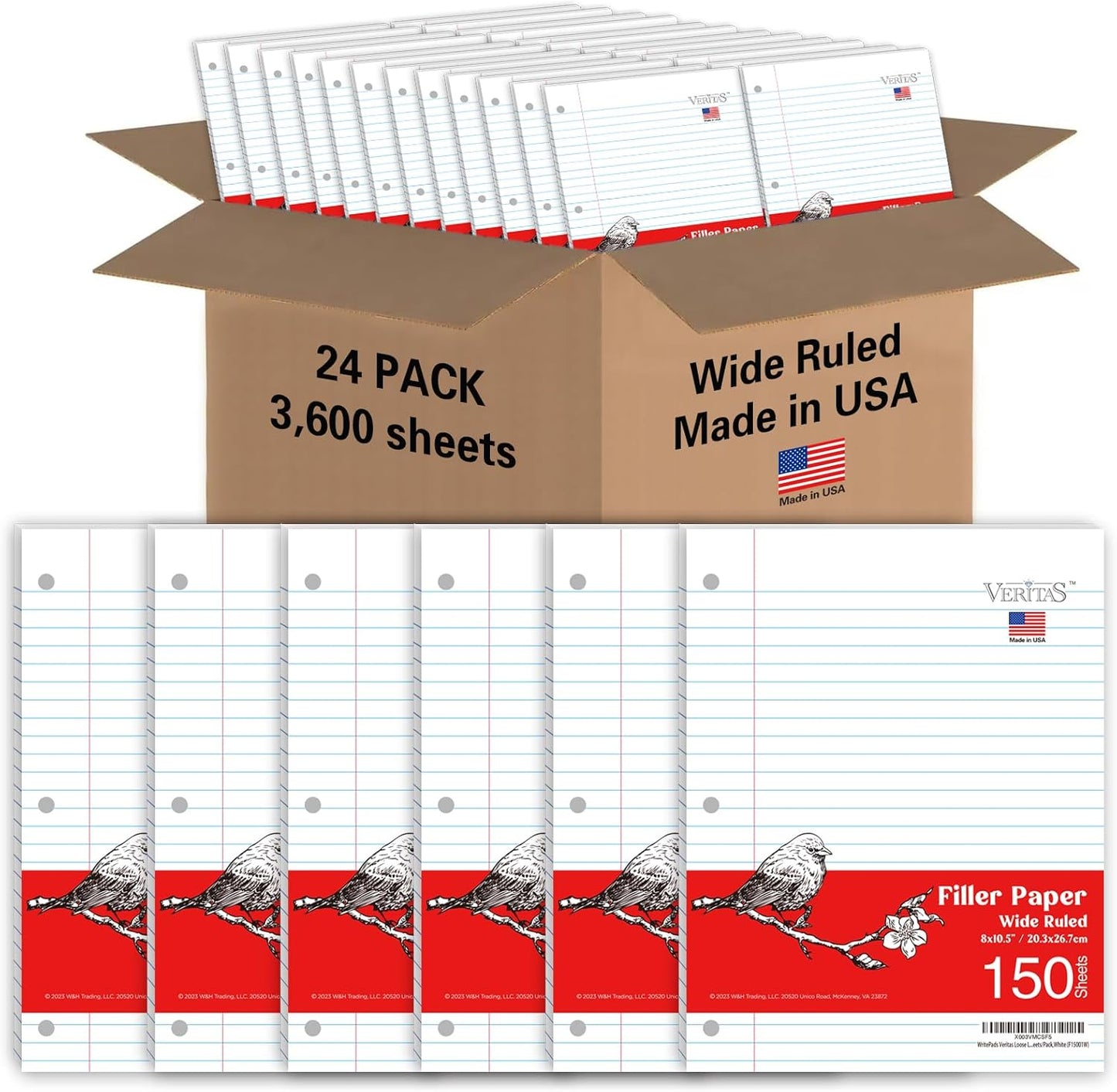 Loose Leaf Notebook Paper, 8"x10-1/2" Wide Ruled Lined Paper, Bulk Filler Paper, 3 Hole Punched For 3 Ring Binder, 150 Sheets/Pack, 24PK Per Carton, 3600 Sheets, Made In USA