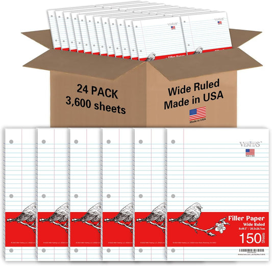 Loose Leaf Notebook Paper, 8"x10-1/2" Wide Ruled Lined Paper, Bulk Filler Paper, 3 Hole Punched For 3 Ring Binder, 150 Sheets/Pack, 24PK Per Carton, 3600 Sheets, Made In USA