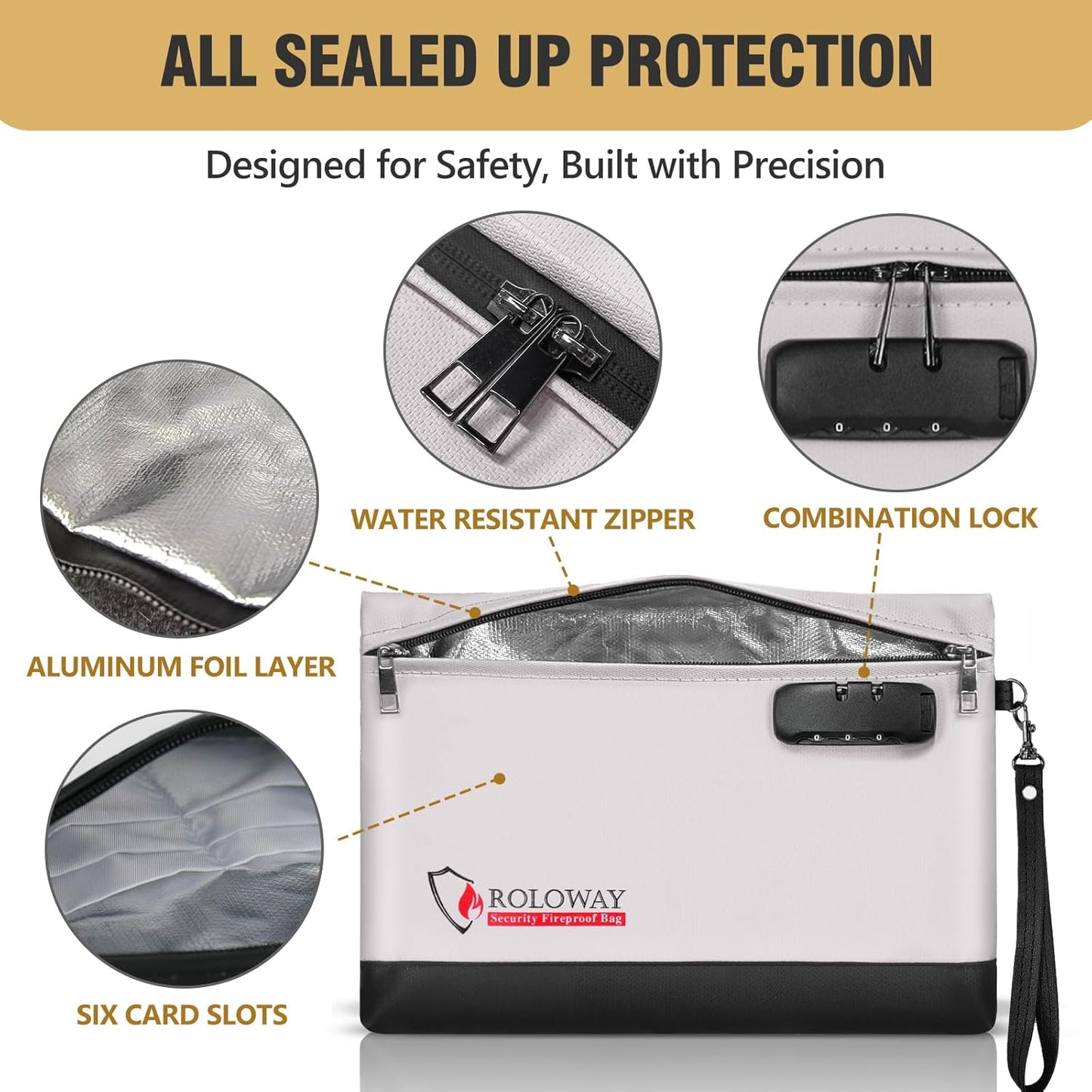 ROLOWAY Fireproof Money Bag with Lock for Cash, 6400°F Fire Proof Document Bag (12.2 x 8.5 x1.6 inches), Money Pouch with Zipper (Gray)