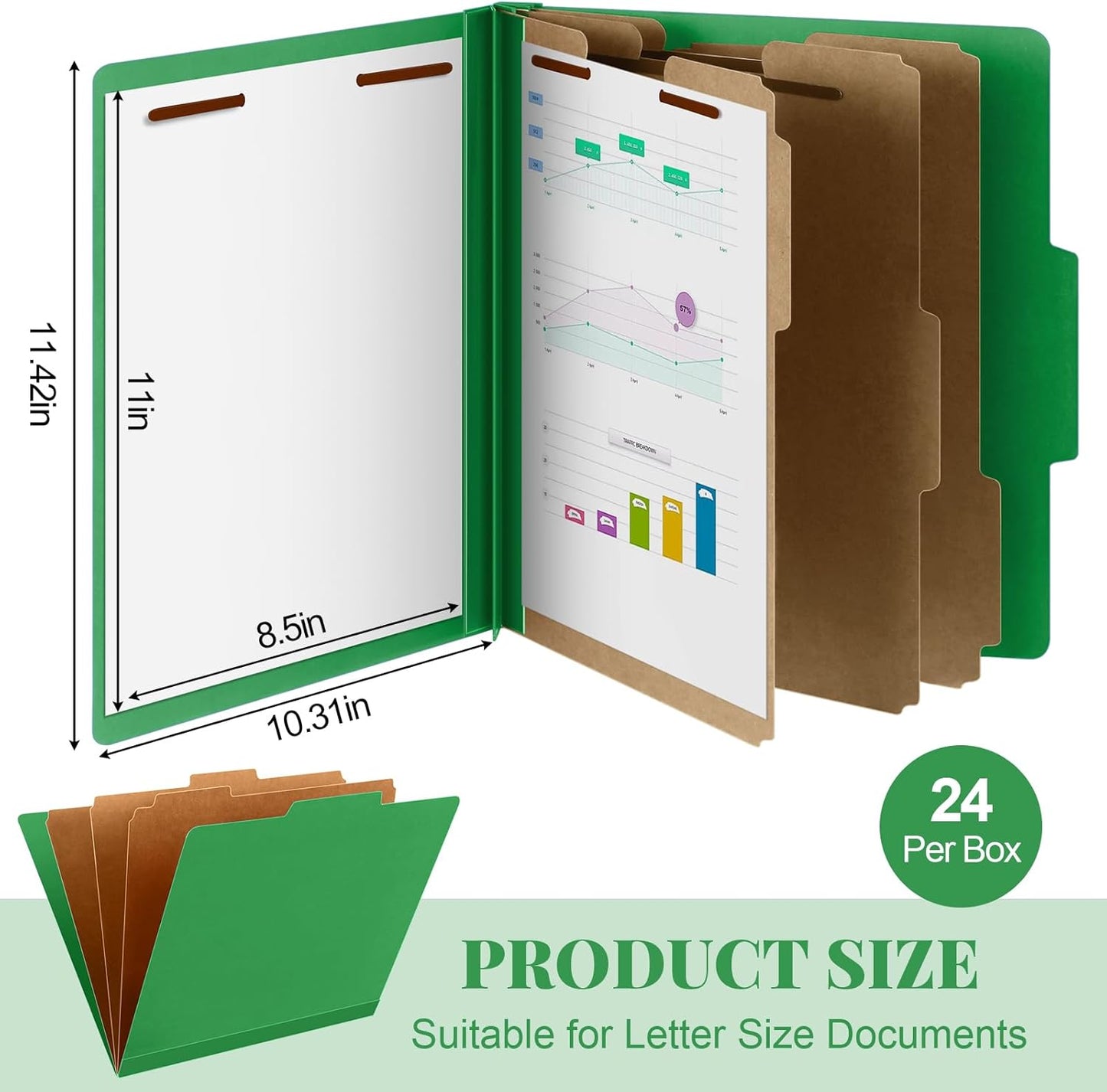 24 Pcs Classification Folders Letter Size, 3 Divider Pressboard File Folder with Fasteners, Expanding File Organizer Bulk for Teachers, Clergy, Office, Church, Christmas Donations (Green)