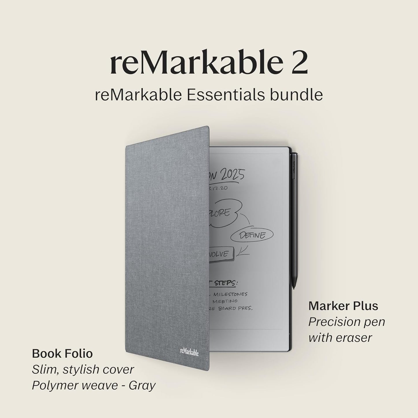 reMarkable Essentials Bundle – Gray | reMarkable 2 Paper Tablet | Includes Black and White 10.3” Writing Tablet, Marker Plus Pen with Eraser, Book Folio Cover in Gray Weave
