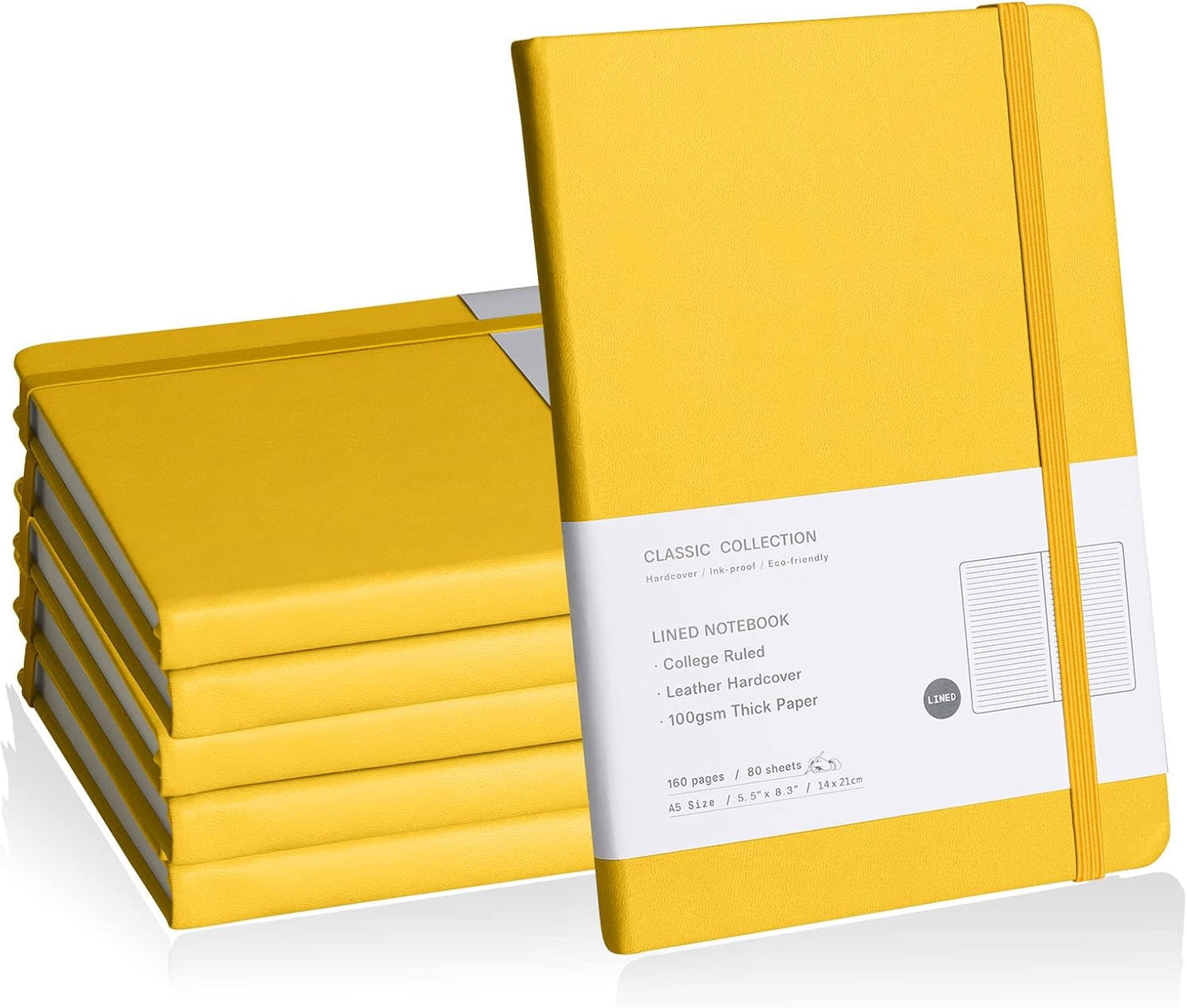Lined Journal Notebook, 6Pack(bright yellow), 160 Pages, Medium 5.7 inches x 8 inches - 100 gsm Thick Paper, Hardcover