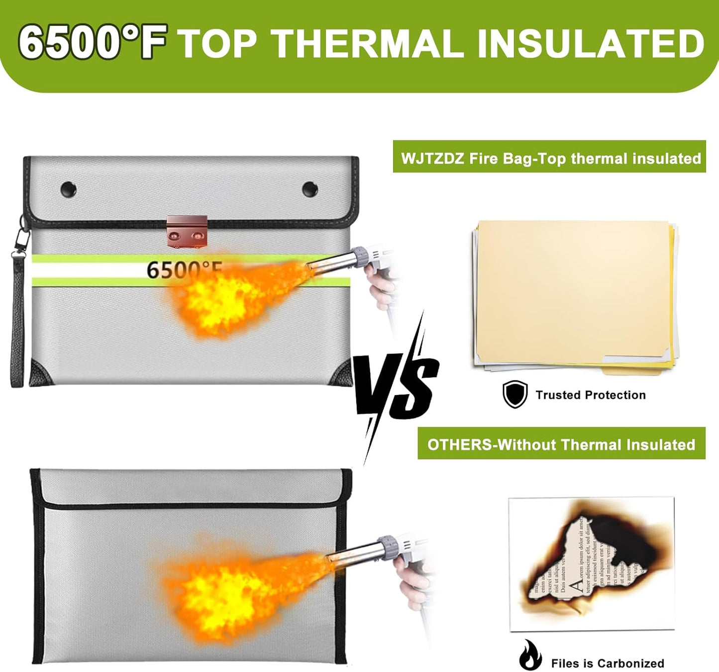 2025 Upgraded Fireproof Document Bag with Lock, 6500°F Fireproof/Waterproof Money Bag with Zipper/Reflective Strip,Storage Pouch for A4 Letter Size Document,Cash,Cell Phone,Passport