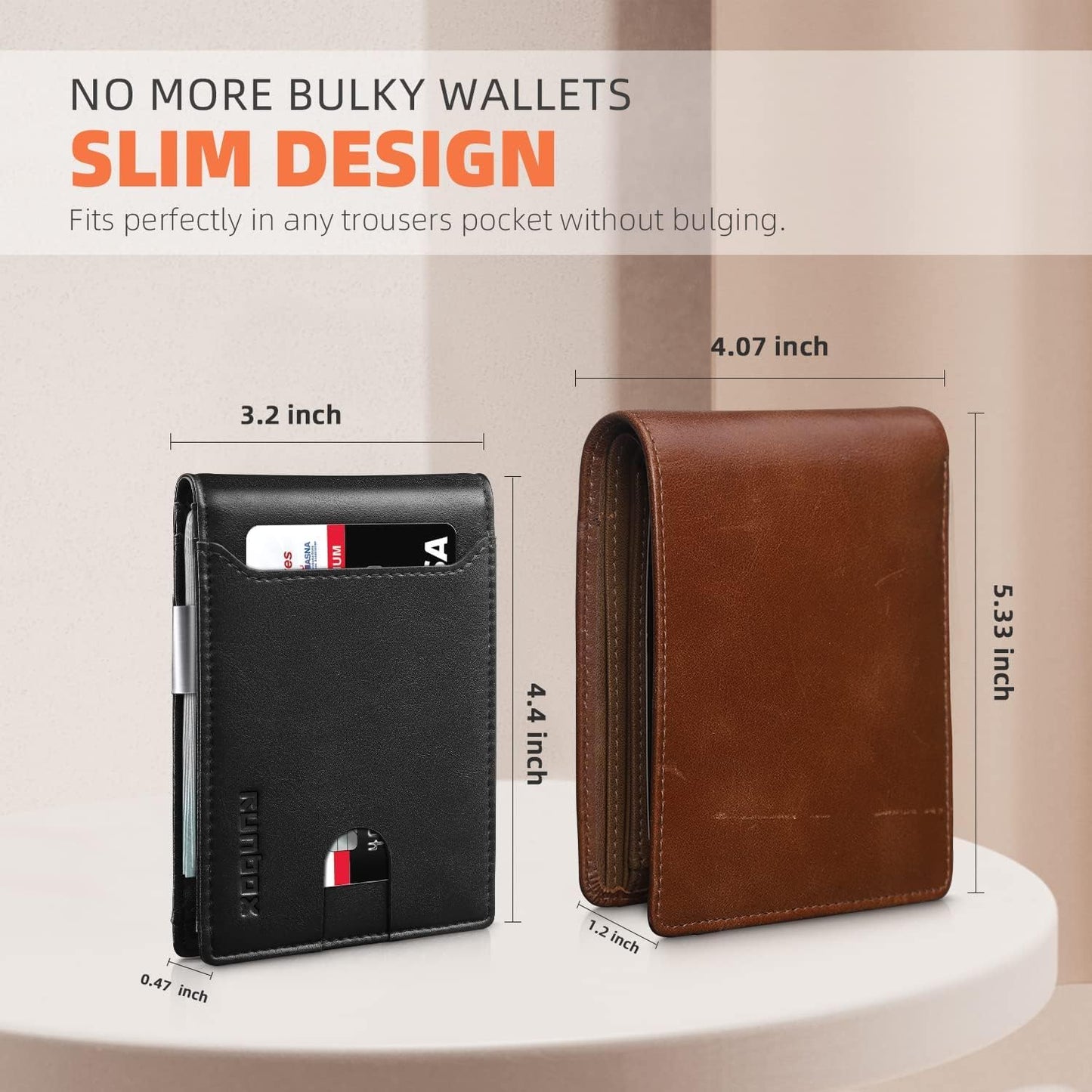 RUNBOX Slim Wallets for Men - Leather Money Clip Mens Wallet - RFID Blocking Front Pocket Bifold Wallet - Minimalist Credit Card Holder with Gift Box