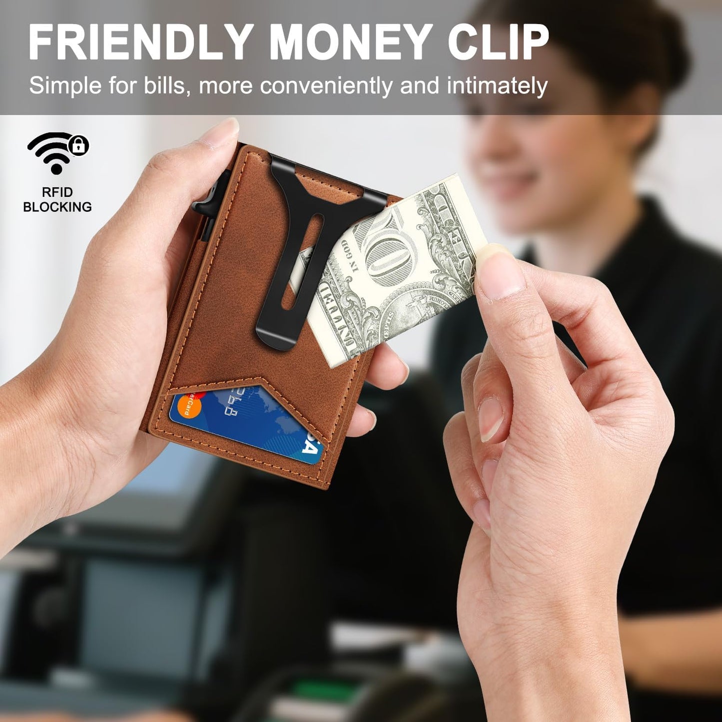 Wallet for Men, RFID Wallet with Money Clip & ID Window, Minimalist Pop Up Credit Card Case Holder 10-12 Cards, Bifold Slim Smart Wallet for Front Pocket, Compact Metal Wallets, Gifts for Men, Brown