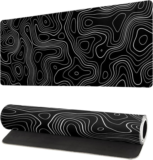 Topographic Contour Gaming Mouse Pad Black Large Mouse Pad for Keyboard and Mousepad Desk Mat with 3mm Non-Slip Base and Stitched Edge for Gaming and Office Computer Mat Protector Mat 27.6x11.8 Inch