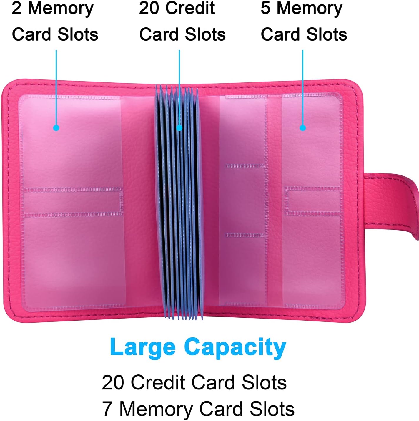 Wisdompro Credit Card Holder, PU Leather Slim RFID Blocking Debit Card Protector Wallet Organizer Case with Magnetic Shut (Build in 20 Card Slot & 7 Small Cells for Memory Cards)-Vertical Hot Pink