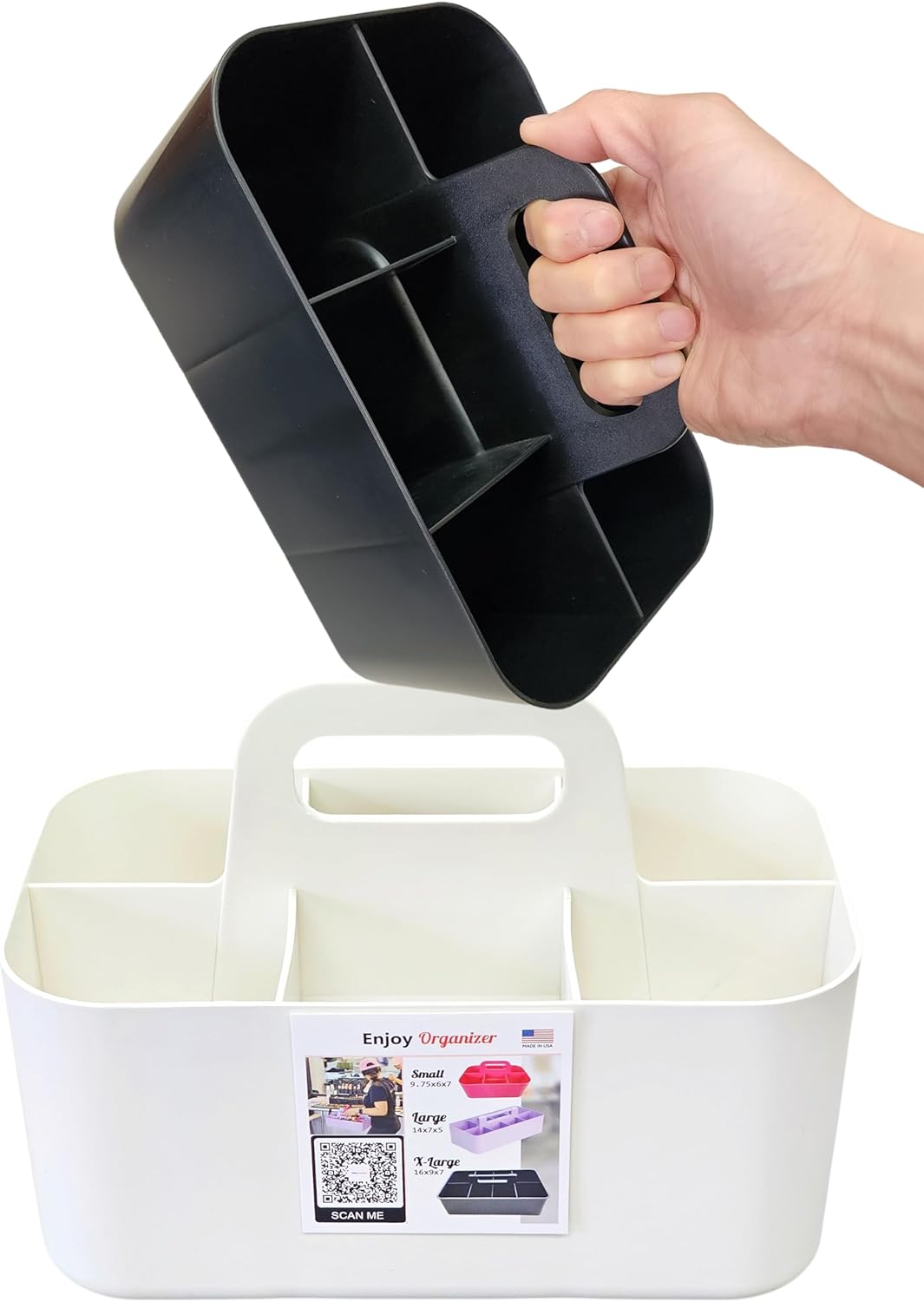 2 Pack Small 6 Compartment Multiuse Caddy Organizer with Handle Art Craft Supplies, Office, Desk, Stationery Pen Holder Stackable- Made In USA (Black/Ivory)