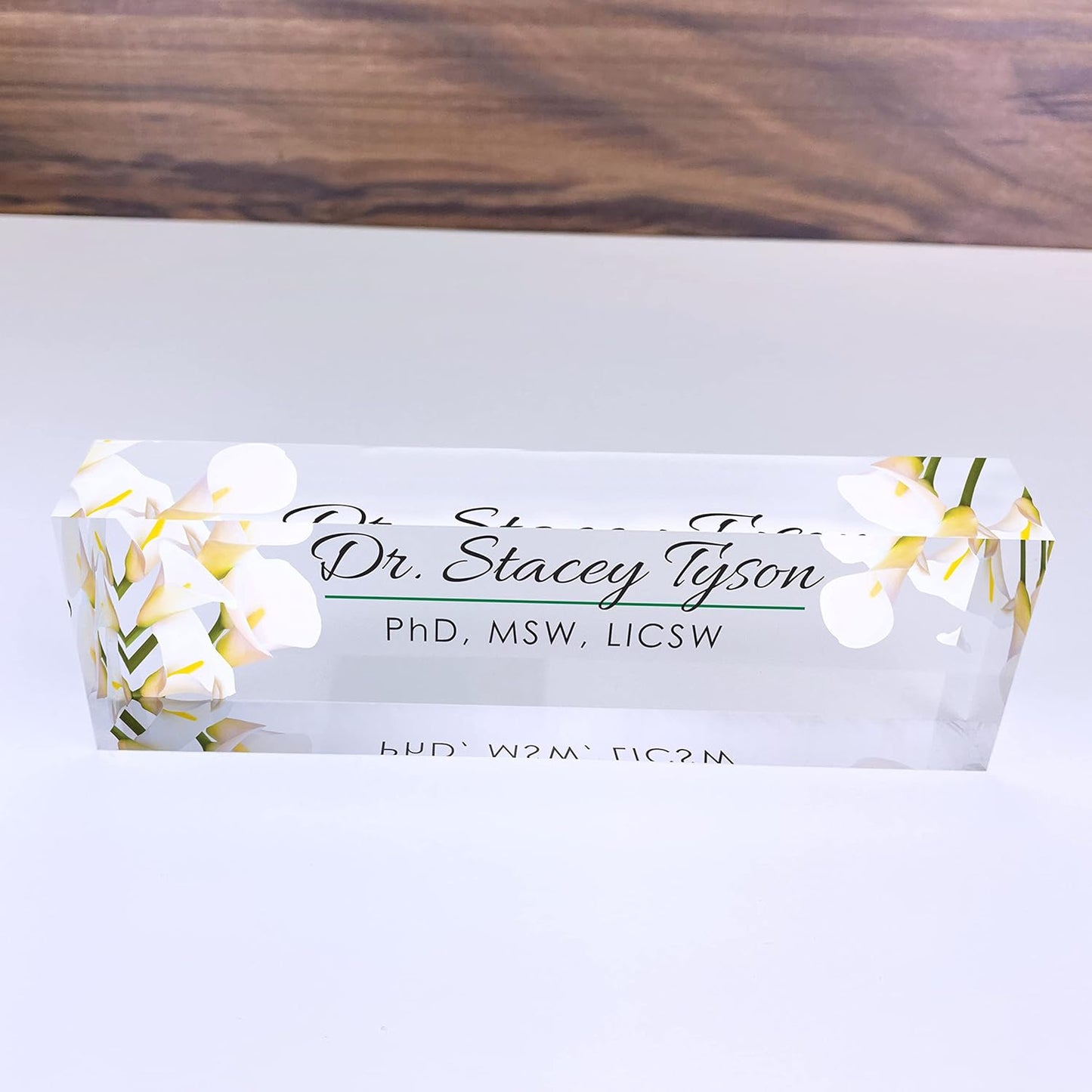 Artblox Office Desk Name Plate Personalized | Custom Name Plates for Desks | Calla Flowers Design On Clear Acrylic Glass | Office Desk Decor - (8" x 2.5")