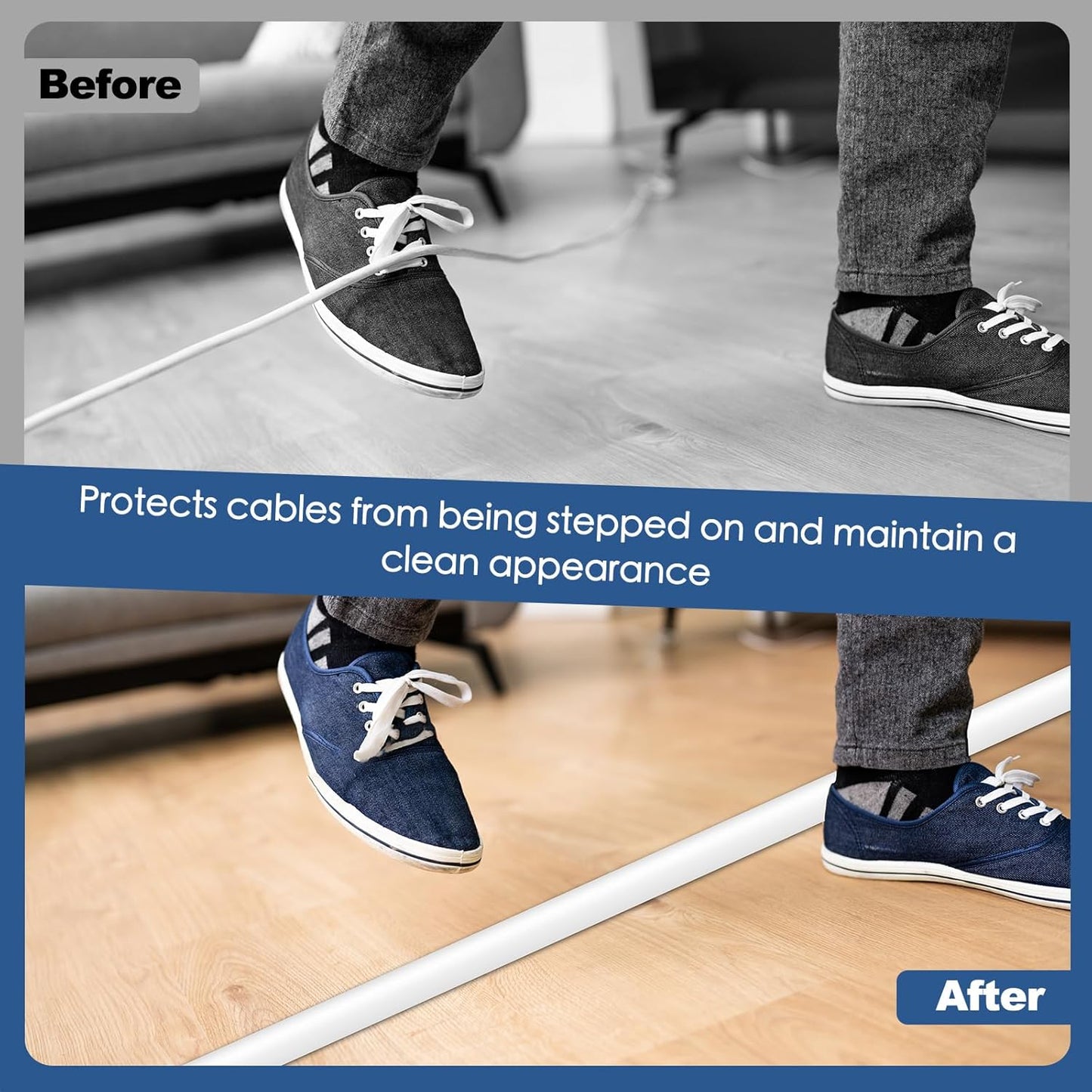 Floor Cord Cover for Wires on Floor Self Adhesive Cord Hider Floor Cable Management Wire Covers for Cords Protector Prevent Cable Trips Cord Cavity W 0.32" x H 0.32", White, 20Ft