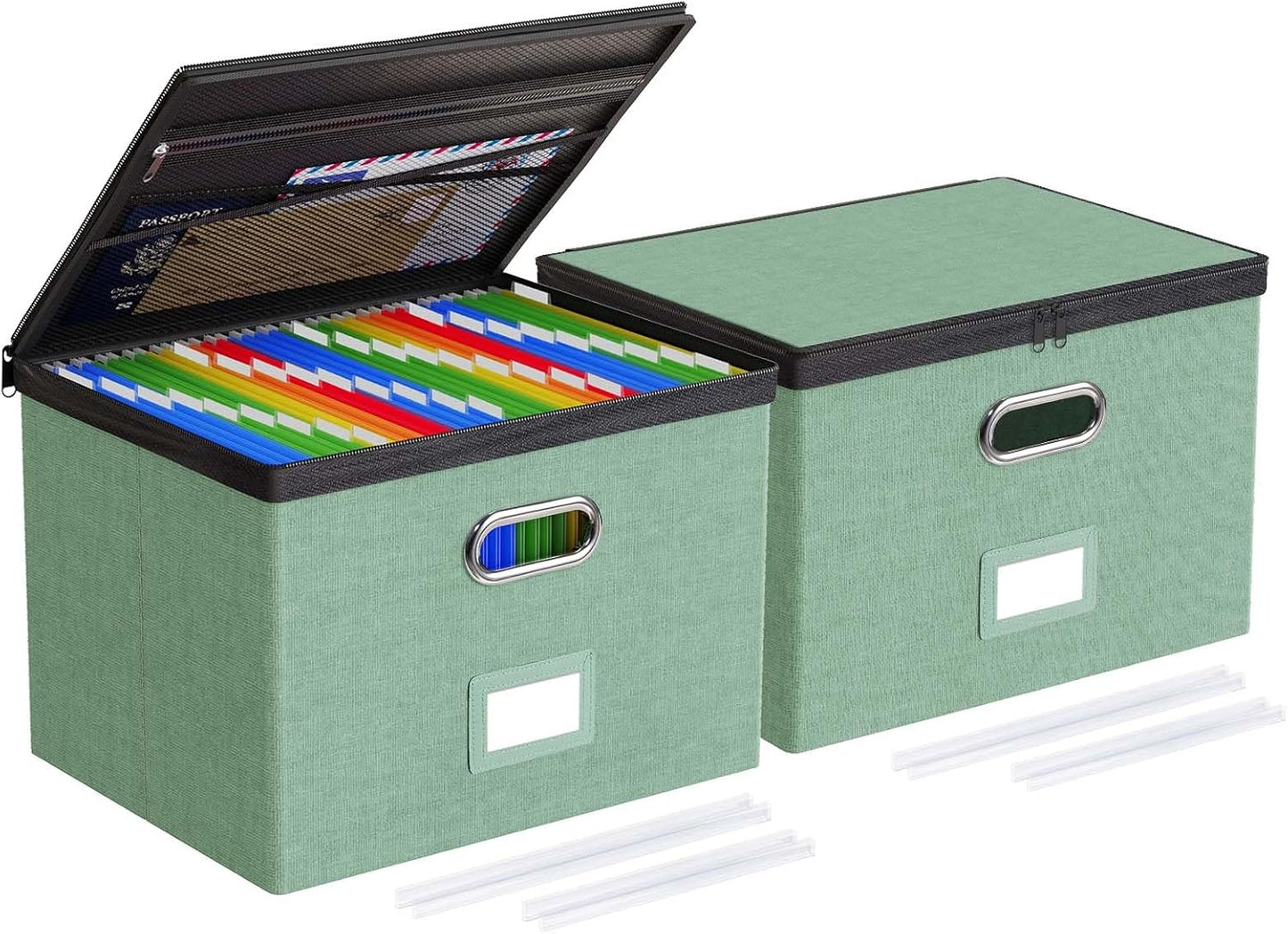 Oterri 2 Pack Large File Organizer Boxes with Lids, File Box with Mesh Pockets, Document Organizer Box for Letter/Legal Size Folders, Zippers Important Document Organizer (Green, Without Folders)