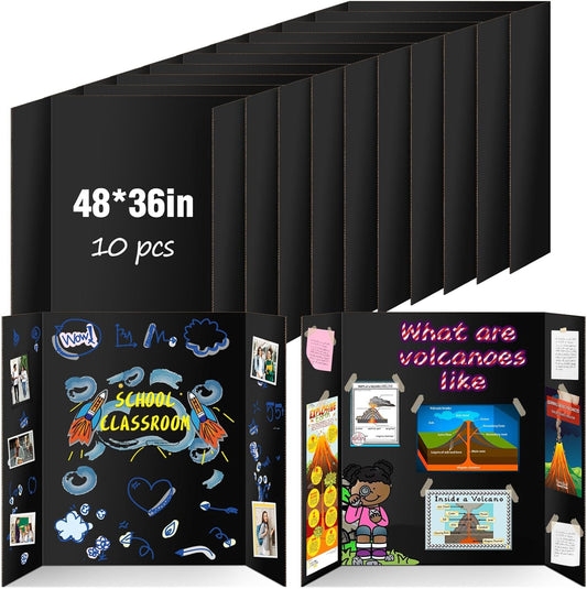 10 Pack Trifold Poster Board 48" X 36", IKAYAS Double Sided Black Poster Boards, Science Fair Display Boards for Mounting, Prints,Art,Display,Projects Classroom Supplies