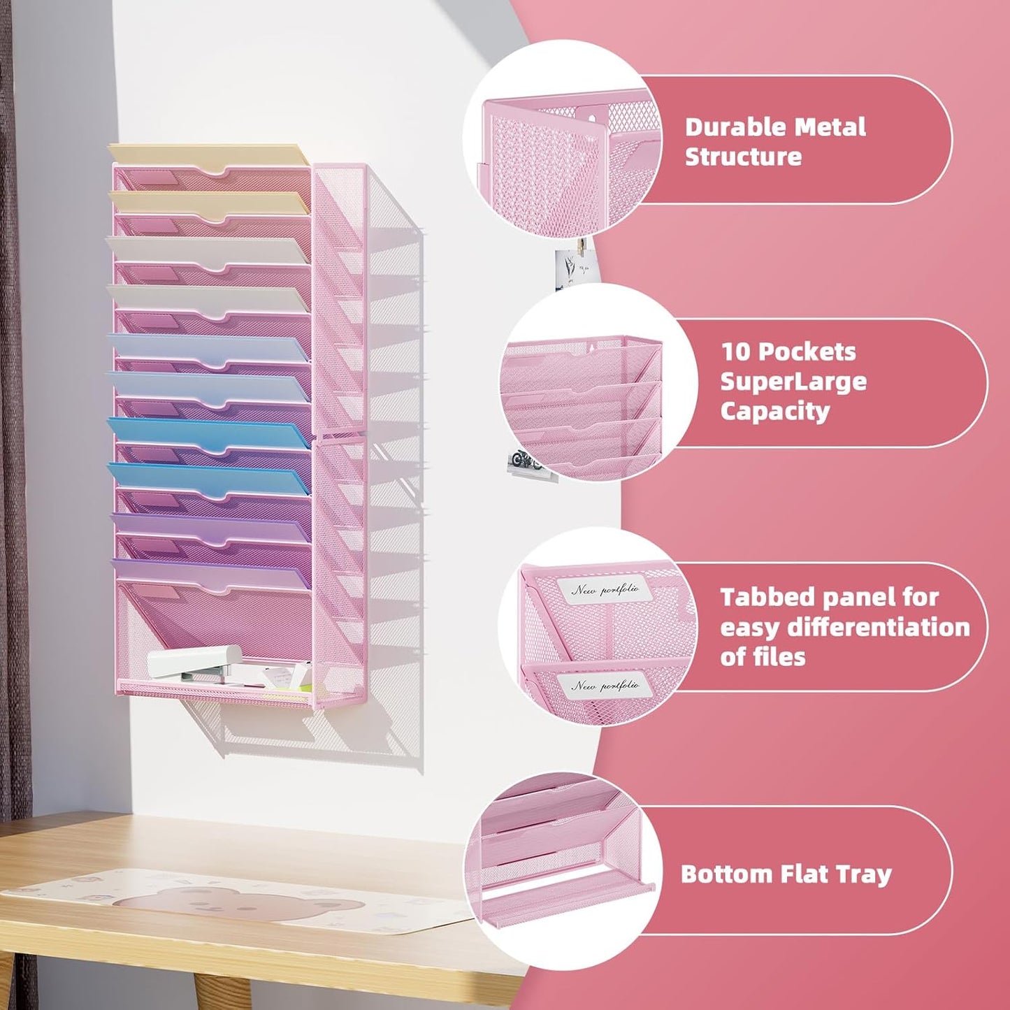 Marbrasse Wall File Holder 11-Tier Hanging Wall File Organizer, for Papers, Files Clipboard & Magazine Organizer, Wall Mount File Holder Great for Office Home (Pink)