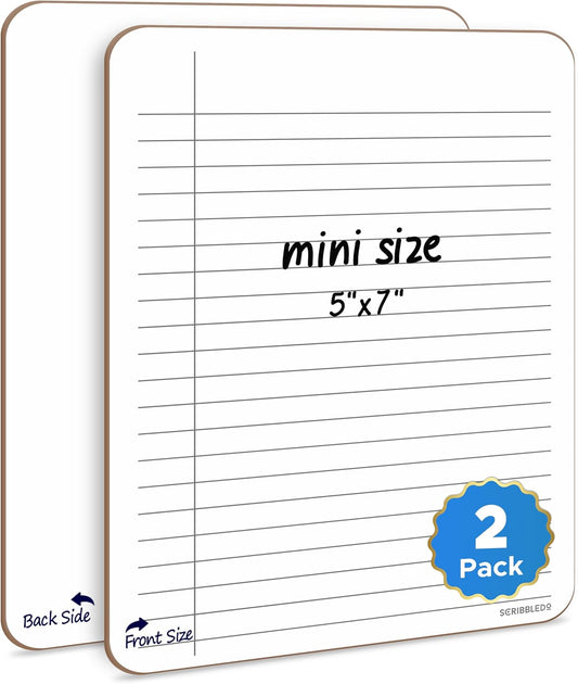 SCRIBBLEDO Dry Erase 5"x7" Mini Notebook College Ruled Lined Board 2 Pack Reusable Erasable Writing Note Pad Lapboard Blank Whiteboard on Reverse for Desk