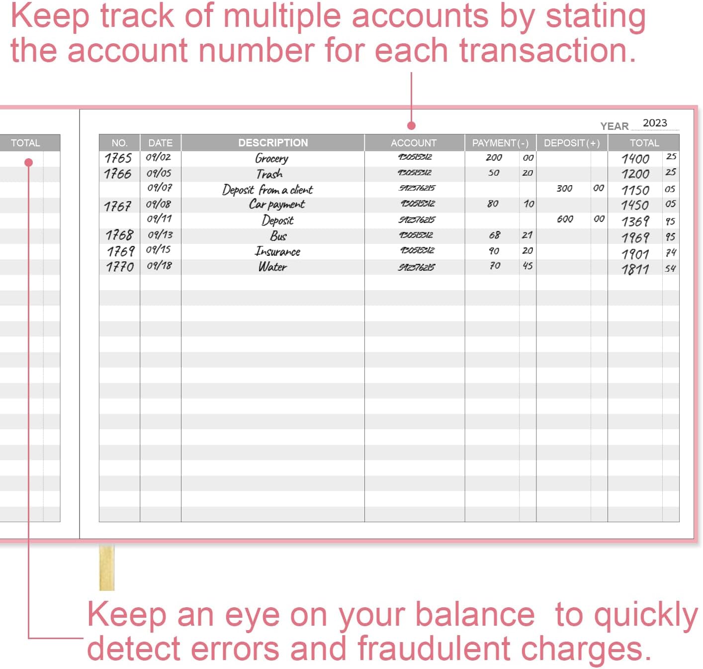 Accounting Ledger Book - Ledger Book for Small Businesses Bookkeeping & Personal Use, Expense Tracker Notebook for Tracking Money, Expenses, Deposits & Balance, 7" x 10", Pink
