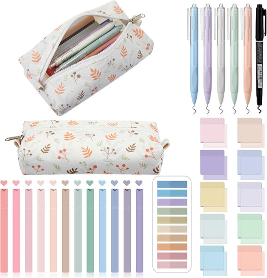 Jutom 39 Pcs Aesthetic Book Annotation Kit Highlighter with Pencil Case Bag Gel Pen Transparent Sticky Note Taking Bible Study College School Supplies(Beige,Floral Style)