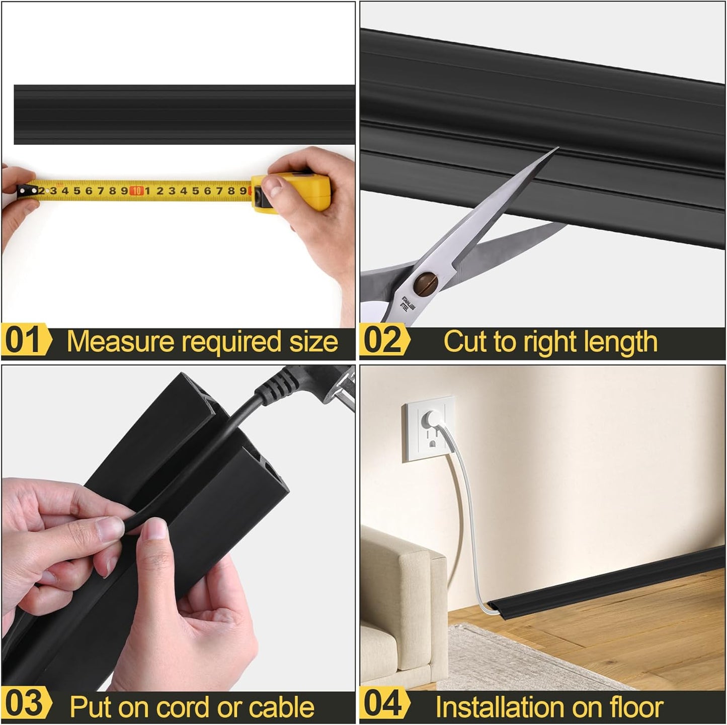 MYFAMIREA 4FT Floor Cord Cover Heavy Duty Cable Cover Protector with 3 Channels Extension PVC Floor Wire Cover Outdoor Cord Hider Management Cord Cover for Wire on Floor for Home Office Outdoor, Black