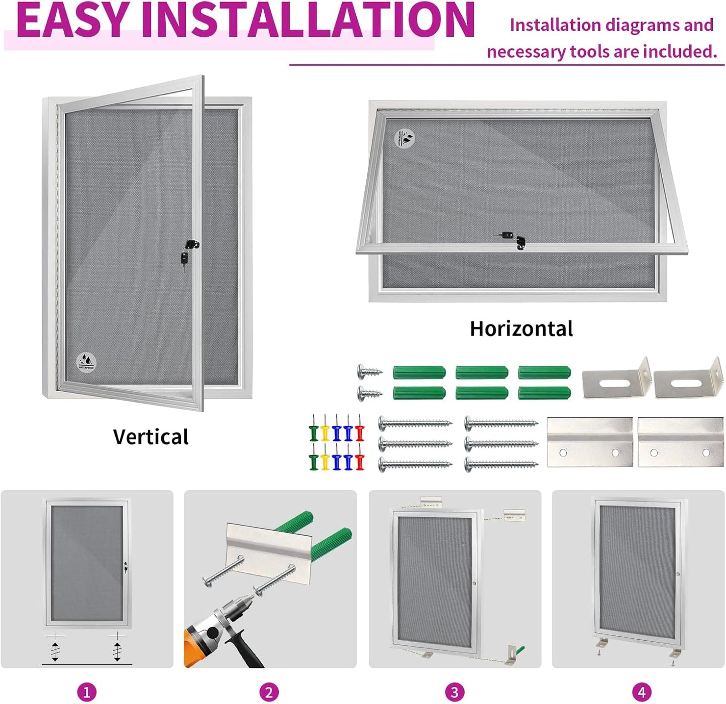 Outdoor Weatherproof Enclosed Fabric Bulletin Board,Noticeboard Case with Lockable Glass Door,Silver Aluminum Frame, 36x24 Inch (5xA4)