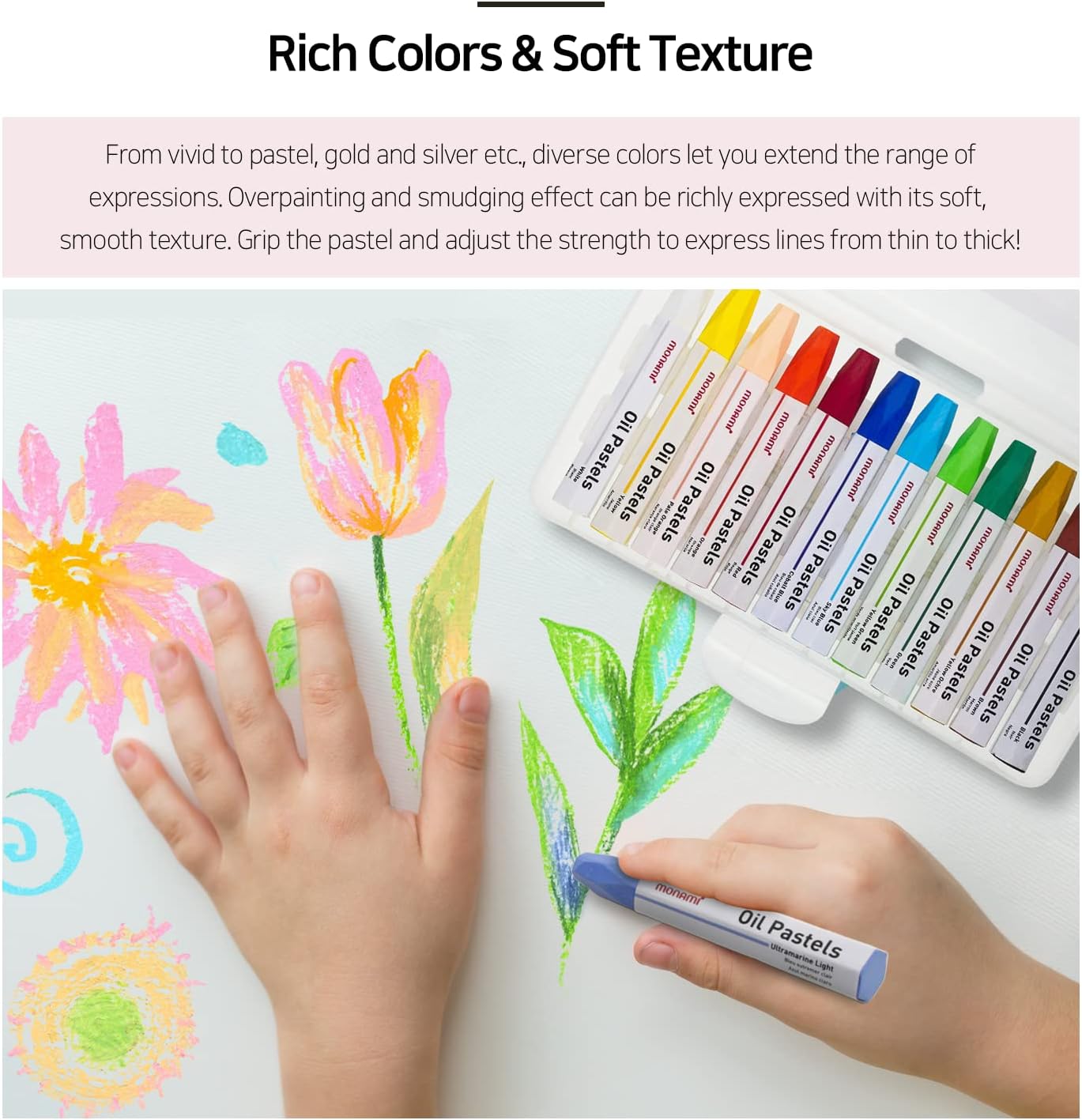 MONAMI Oil Pastels, Jumbo Size Hexagonal Shape Oil Pastels for Kids and Students with Handy Carrying Case, 24 Vivid Colors Pack