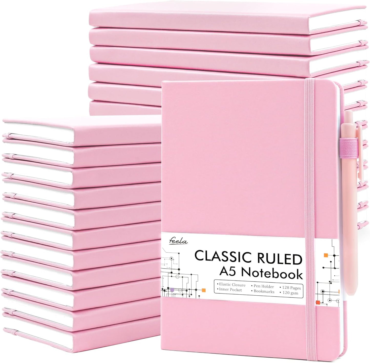 feela 24 Pack Journal Notebook Bulk for Work, Business Notebook Hardcover Lined Writing Journal with Pen Holder for Men Women Note Taking, with 24 Black Pens, 120 GSM, 5.1”x8.3”, A5, Rose Pink