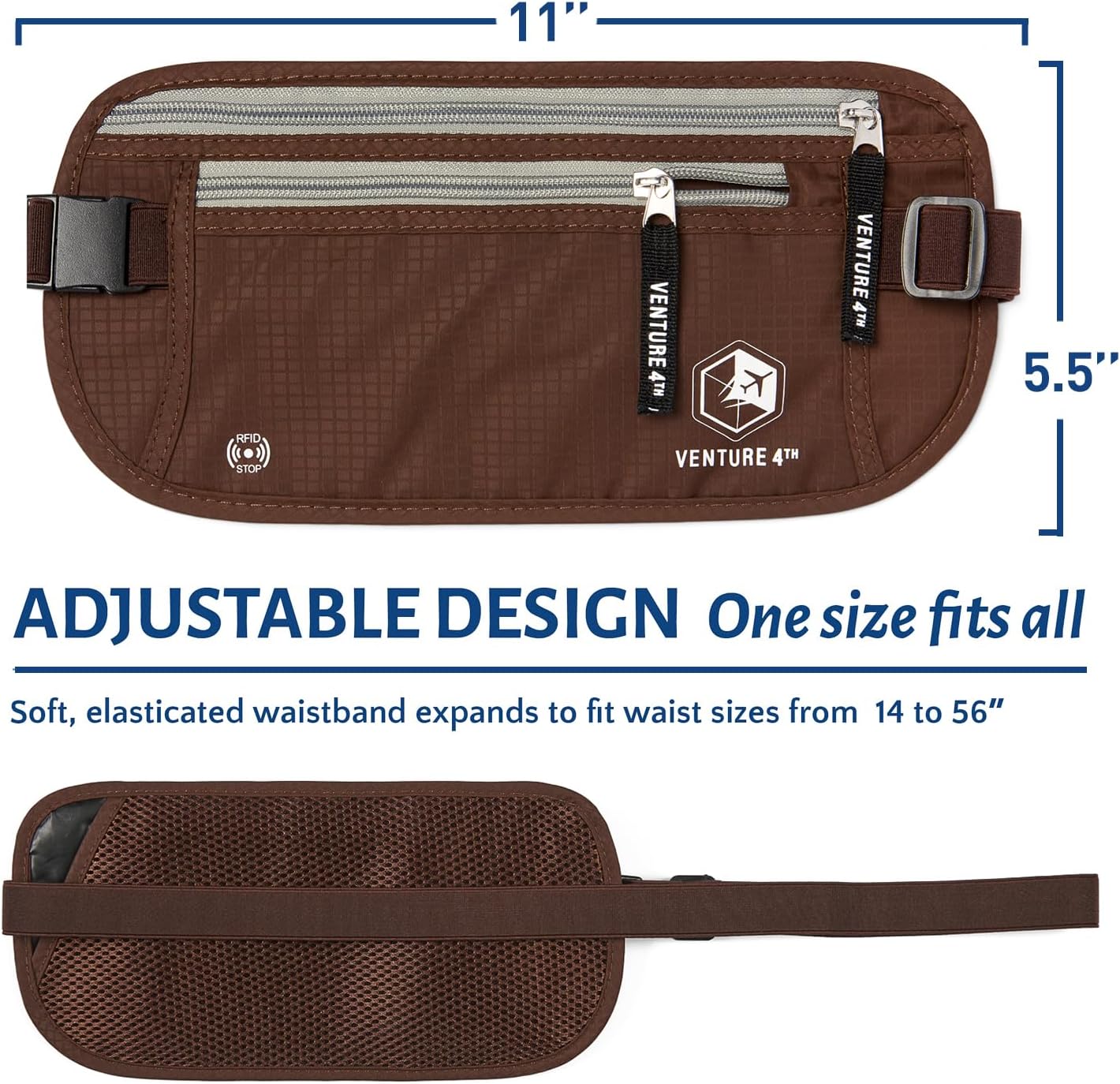 VENTURE 4TH Travel Money Belt - Slim Passport Holder RFID Blocking Travel Pouch to Protect Cash, Credit Cards and Travel Documents (Brown)