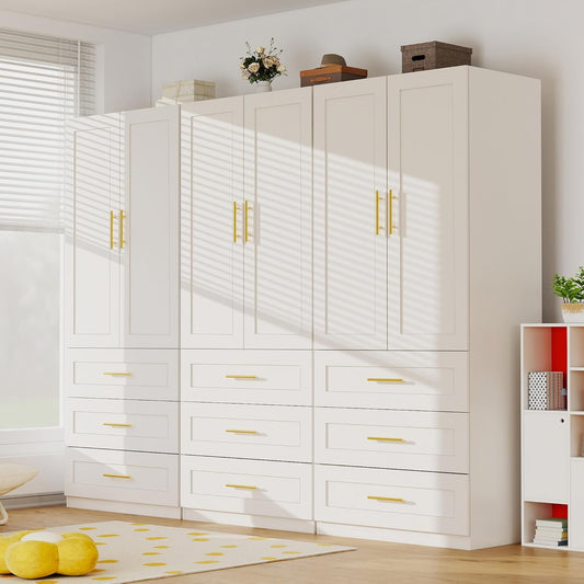 White Wardrobe with 6 Doors: 75" Tall Armoire Wardrobe Closet with 9 Drawers, Bedroom Closet Cabinet for Hanging Clothes, Wooden Storage Armoire with Shelves (Modern, 3)