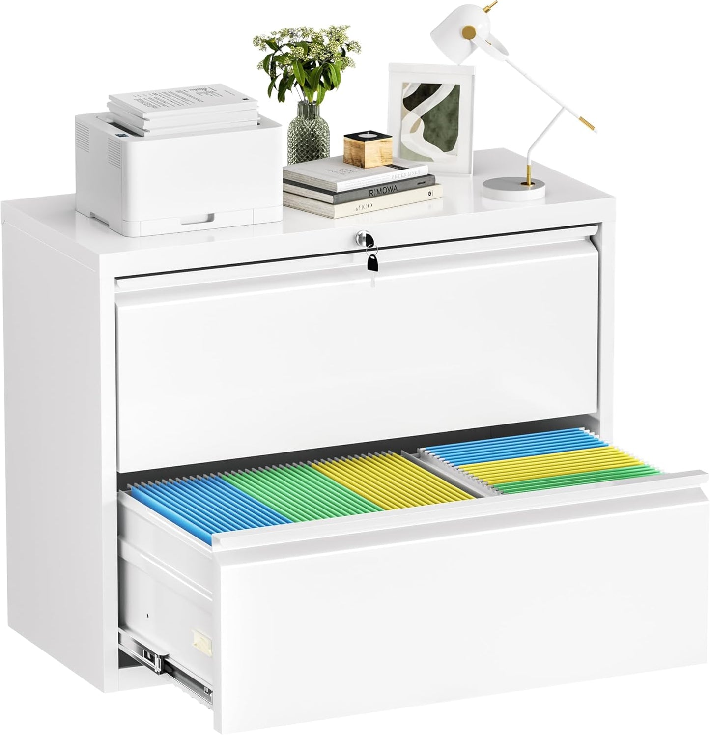 Crownland Lateral File Cabinet with 2 Drawers, 28" W Metal Lockable Office File Cabinets for Home Office- Stores Letter/Legal/A4/F4 Files(White)