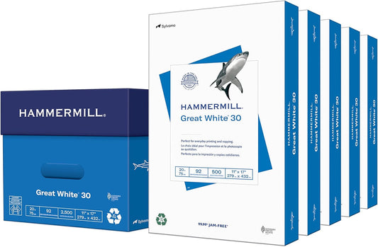 Hammermill Printer Paper, Great White 30% Recycled Paper, 11 x 17-5 Ream (2,500 Sheets) - 92 Bright, Made in the USA, 086750C