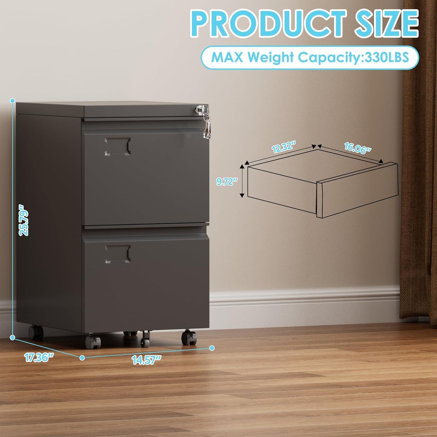 Aobabo 2 Drawer File Cabinet, Lockable Metal Filing Cabinet with Wheels for Home Office, Legal/Letter Size, Required Assembled,Black