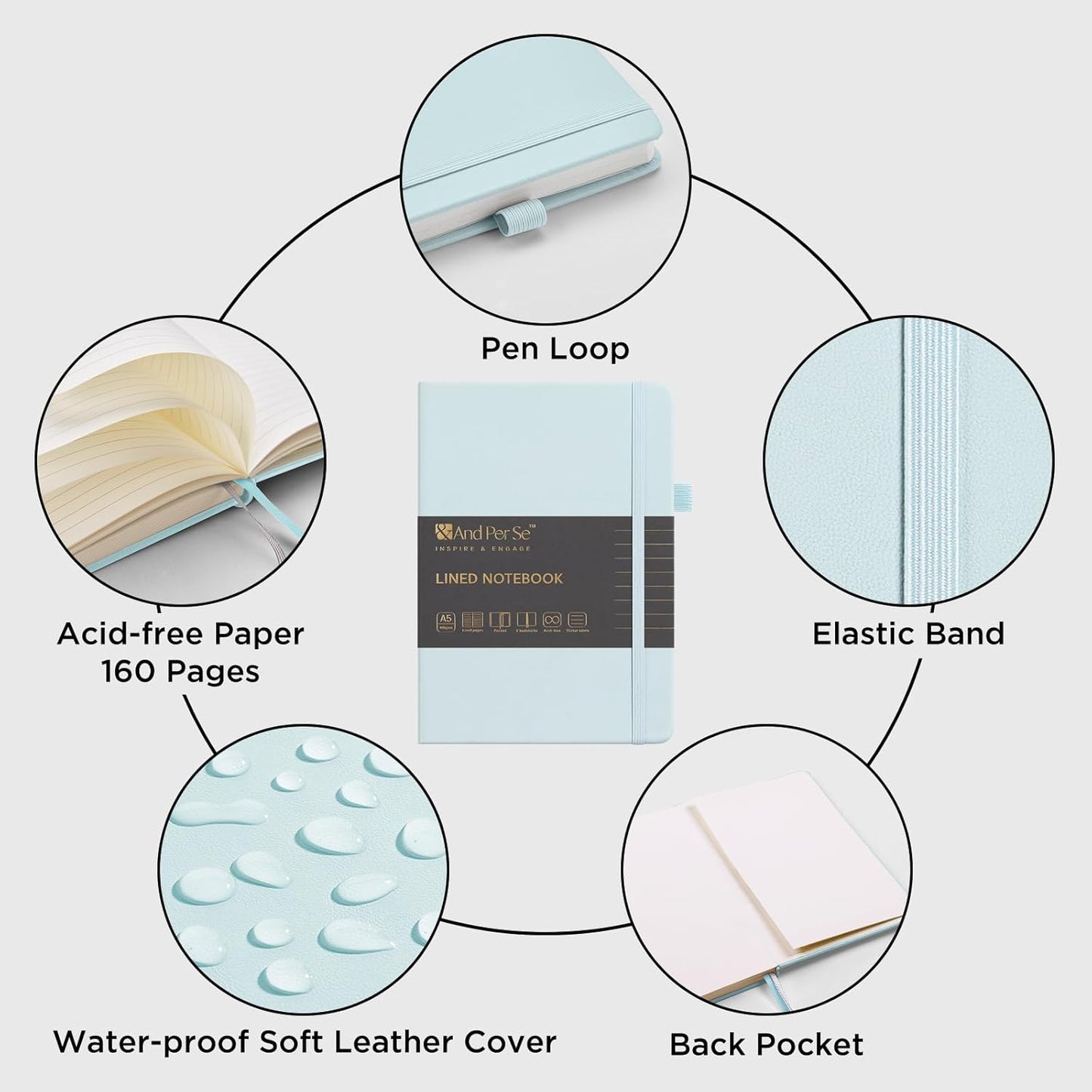 &And Per Se Lined Journal Notebook, 160 Pages, A5 5.7 x 8 inches College Ruled Thick Paper Notebook Journals for Writing, Hardcover Notebooks for Women Men Office School (1 Pack, Cyan)