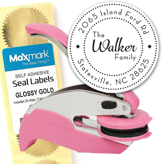 Custom Monogram Address Embosser - Personalized Round Seal with 50 Gold Seal Labels - Style EM023