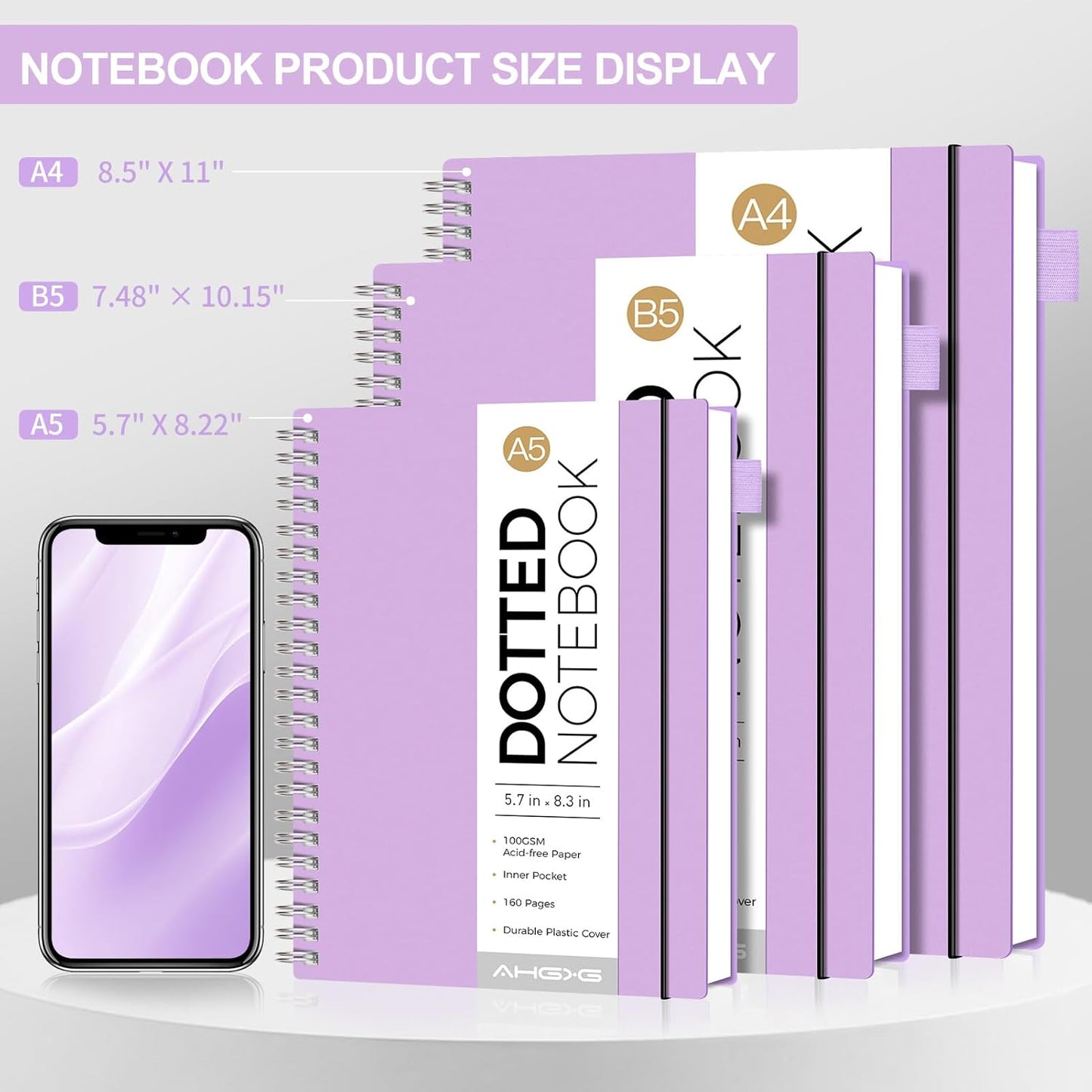 AHGXG Bullet Dotted Journal - Dot Grid Spiral Notebook A5, 160 Pages, 100 GSM Thick Paper, Waterproof Plastic Cover Journals for Bullet Journaling, Sketching, 5.7" x 8.3", Purple