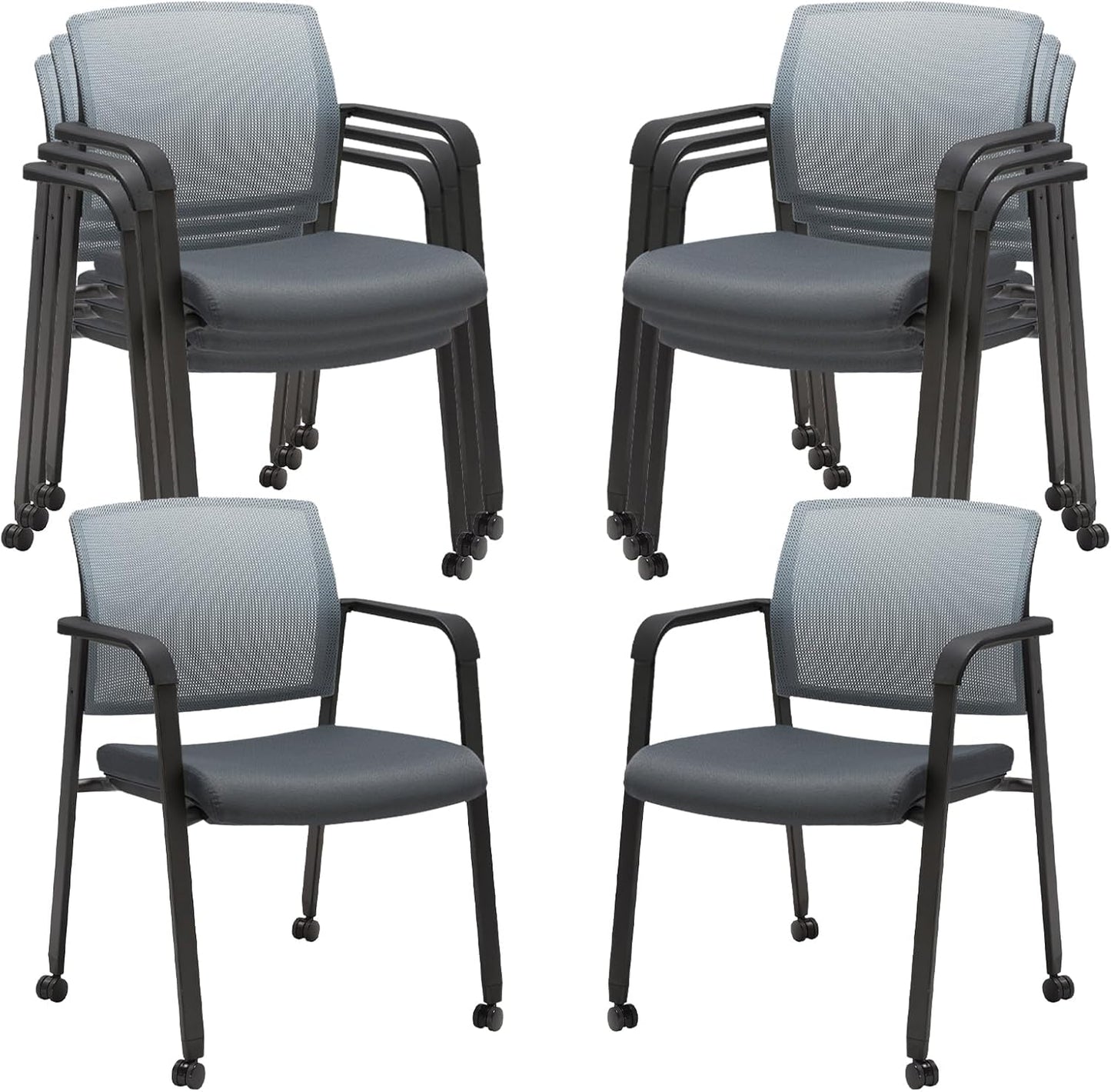 CLATINA Mesh Back Stacking Arm Chairs with Upholstered Fabric Seat and Ergonomic Lumbar Support for Office School Church Guest Reception (WithWheels Gray- 8 Pack)