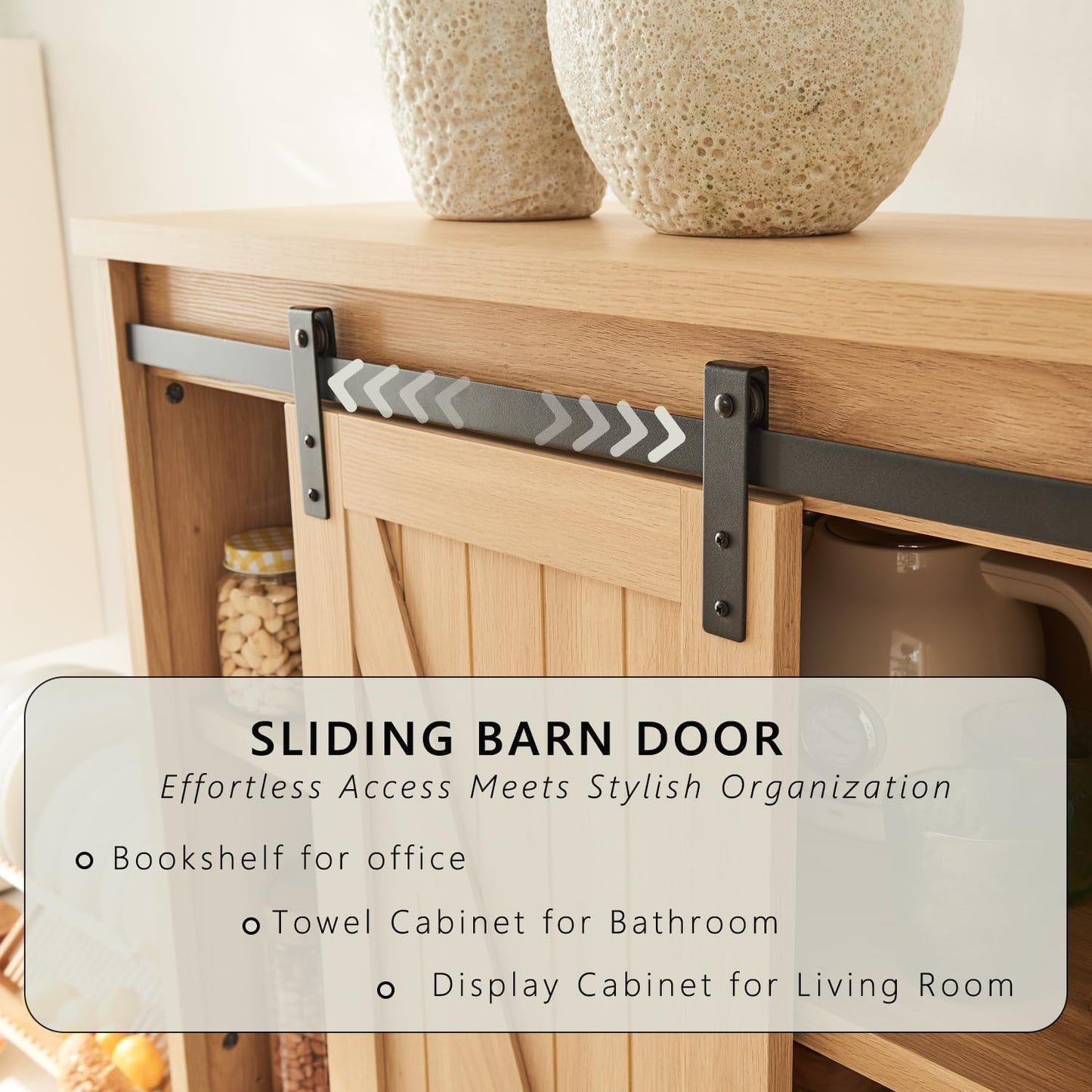 72” Tall Farmhouse Bookshelf, 32” Wide Large Wooden Bookcase w/Sliding Barn Door, 5-Tier Storage Cabinet with Adjustable Shelves, Modern Versatile Cabinet for Living Room, Offices, Natural Oak